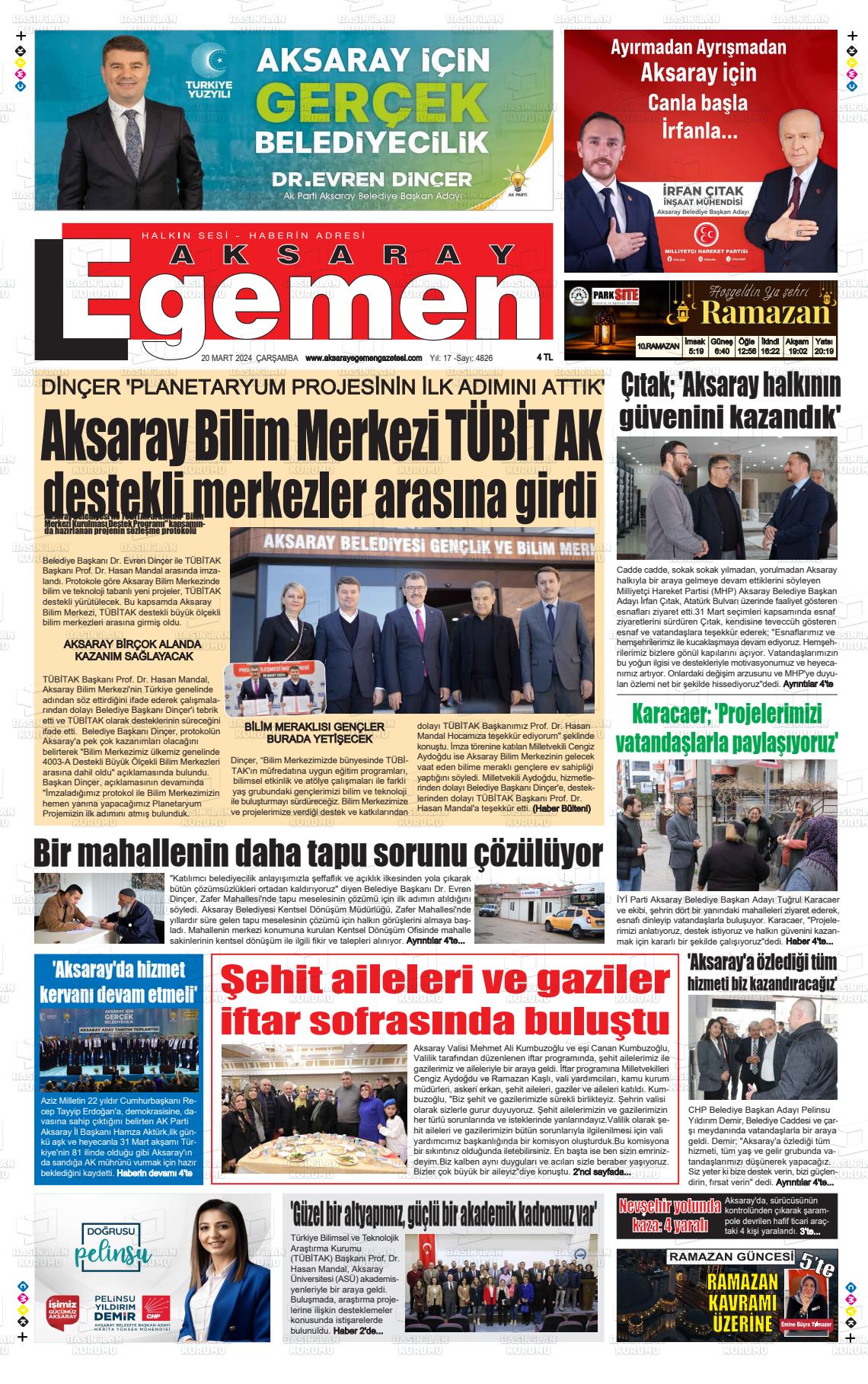 20 Mart 2024 Aksaray Egemen Gazete Manşeti