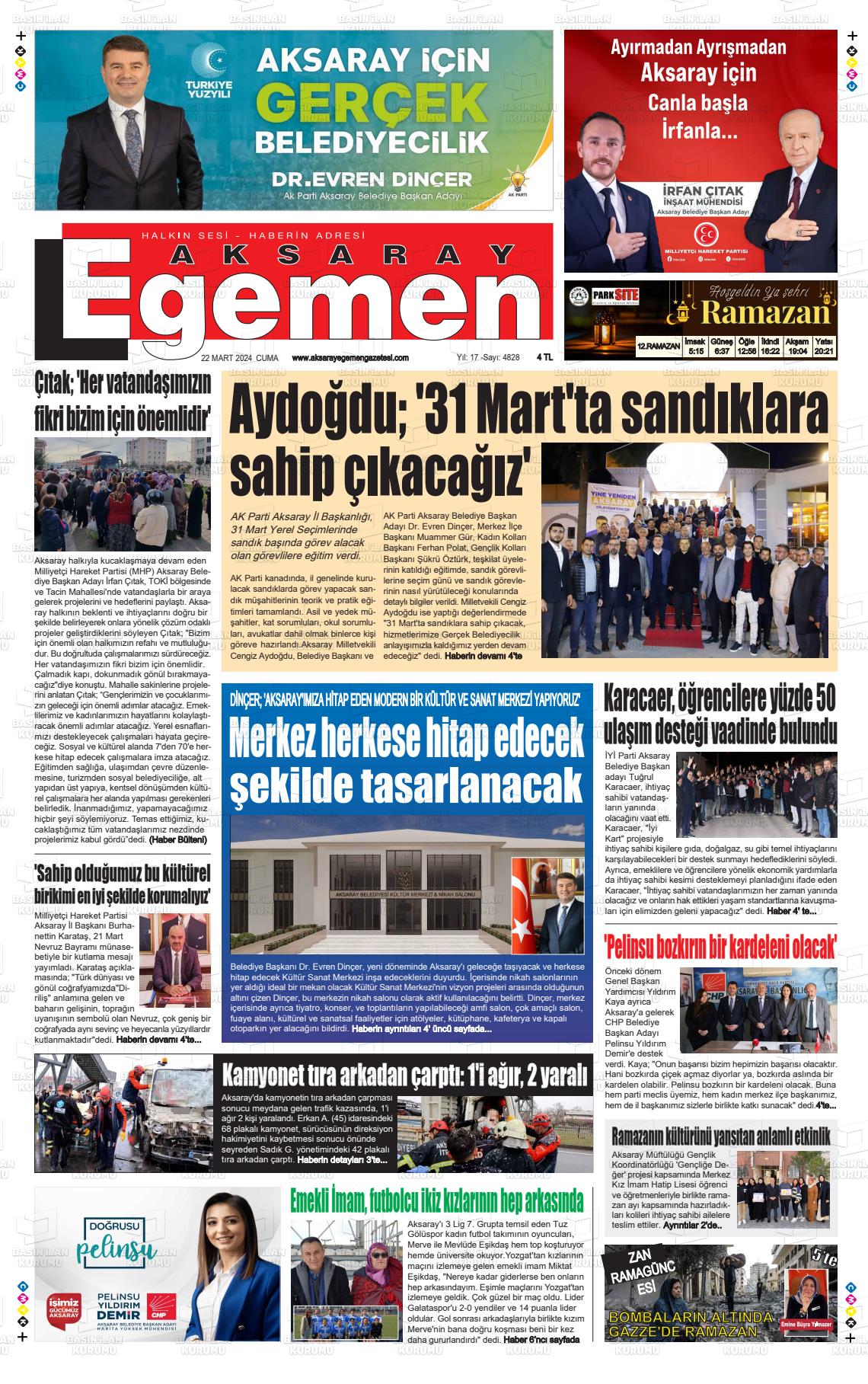 22 Mart 2024 Aksaray Egemen Gazete Manşeti