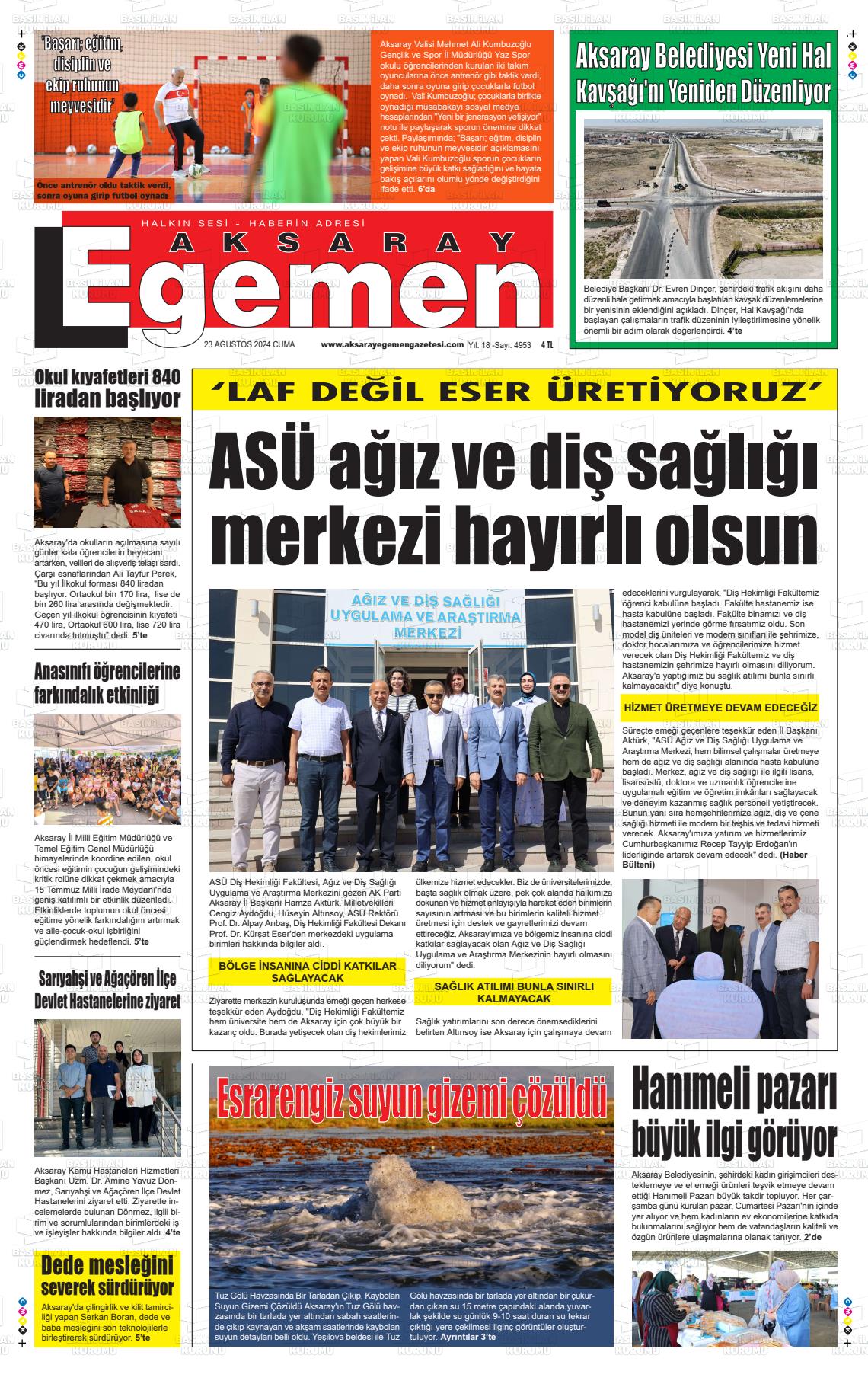 23 Ağustos 2024 Aksaray Egemen Gazete Manşeti