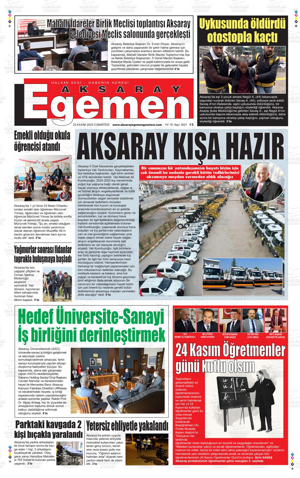 23 Kasım 2024 Aksaray Egemen Gazete Manşeti