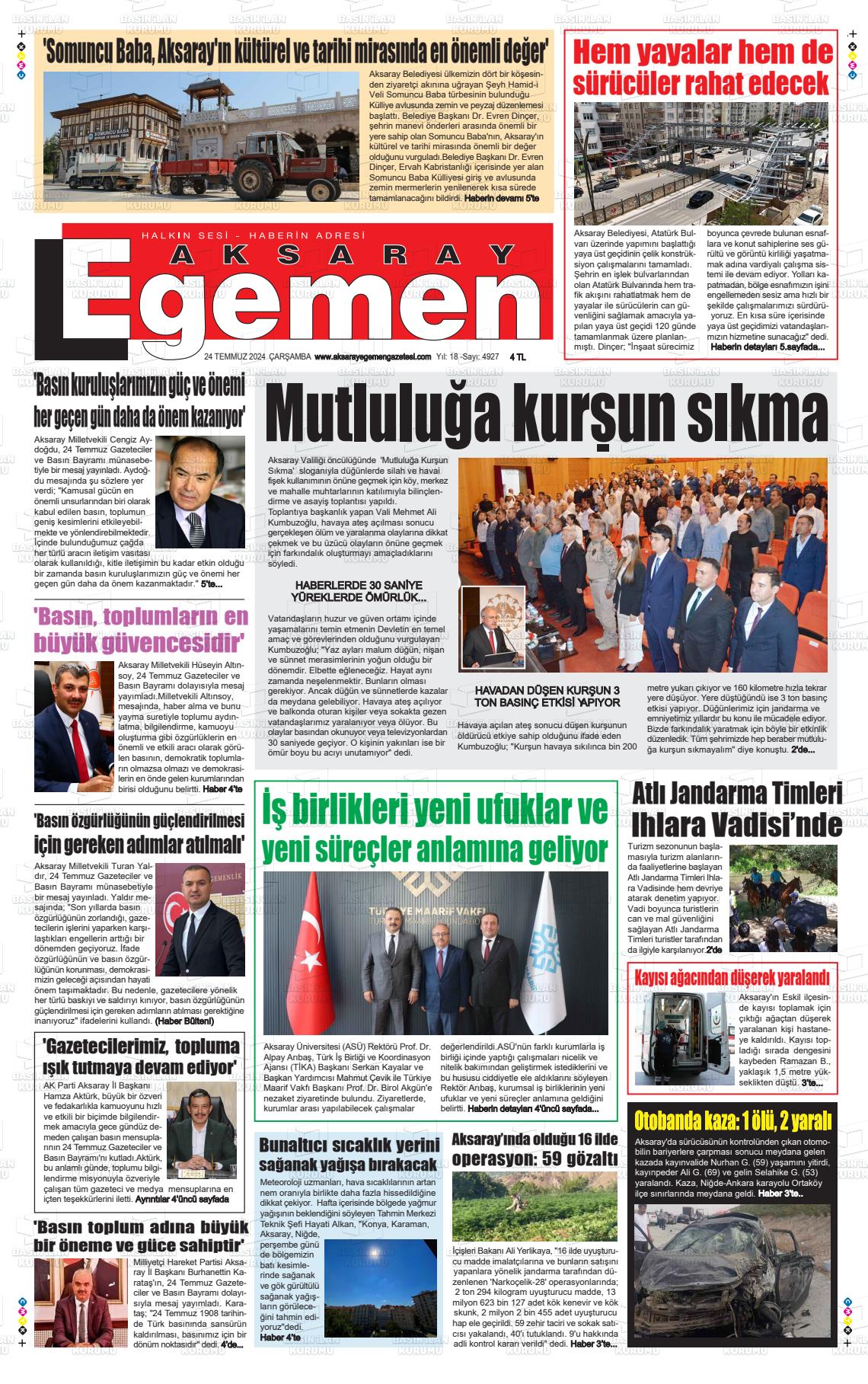 24 Temmuz 2024 Aksaray Egemen Gazete Manşeti