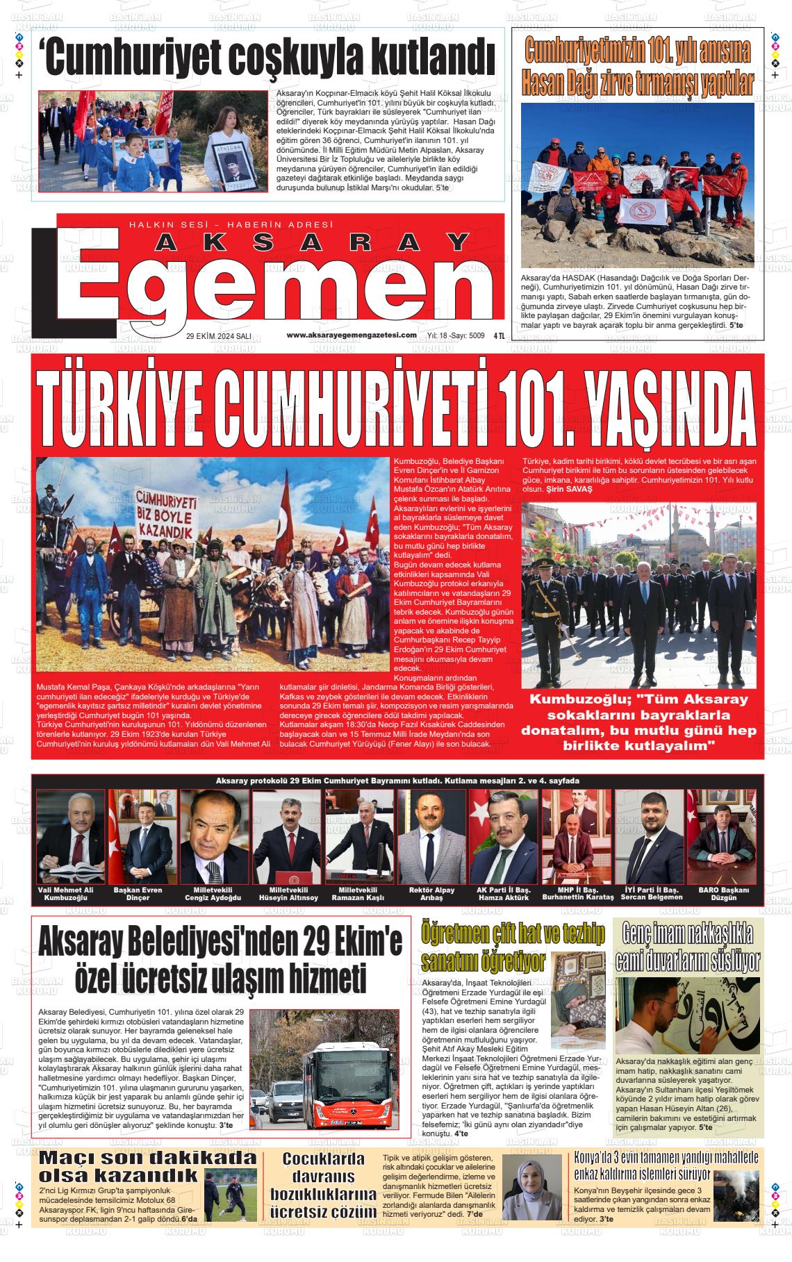 29 Ekim 2024 Aksaray Egemen Gazete Manşeti