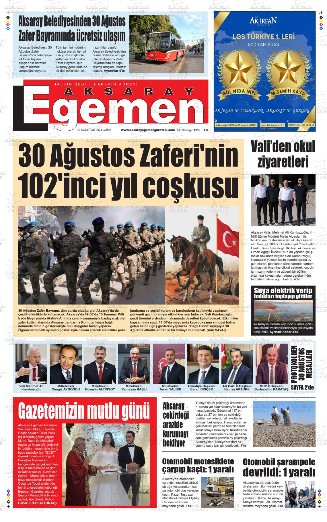 30 Ağustos 2024 Aksaray Egemen Gazete Manşeti