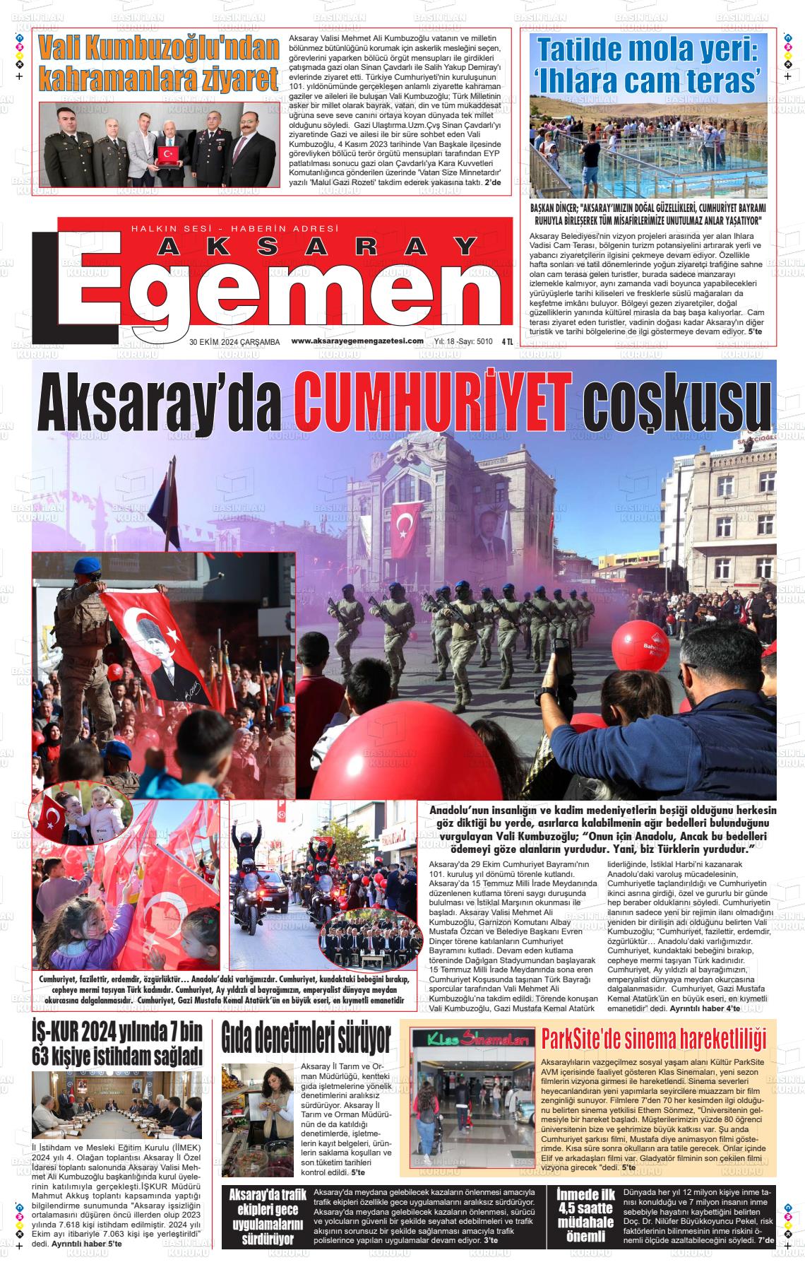 30 Ekim 2024 Aksaray Egemen Gazete Manşeti