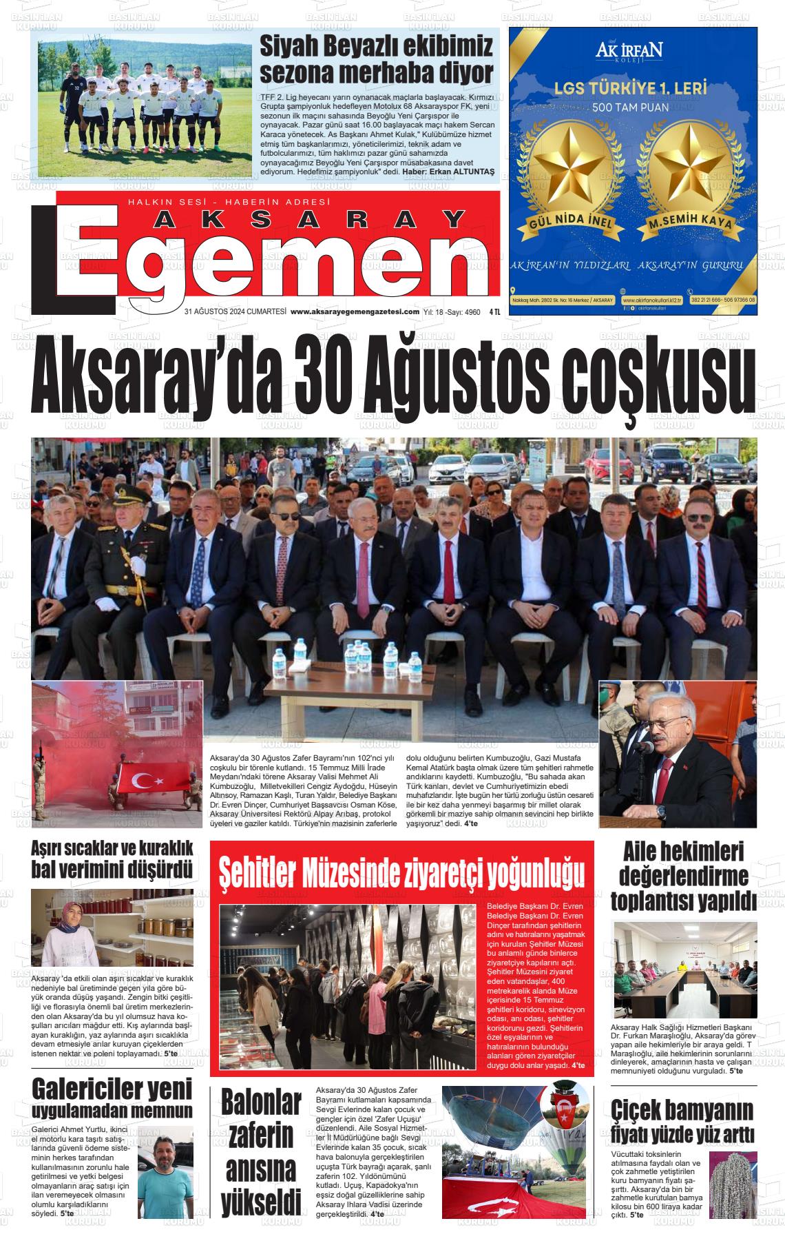 31 Ağustos 2024 Aksaray Egemen Gazete Manşeti