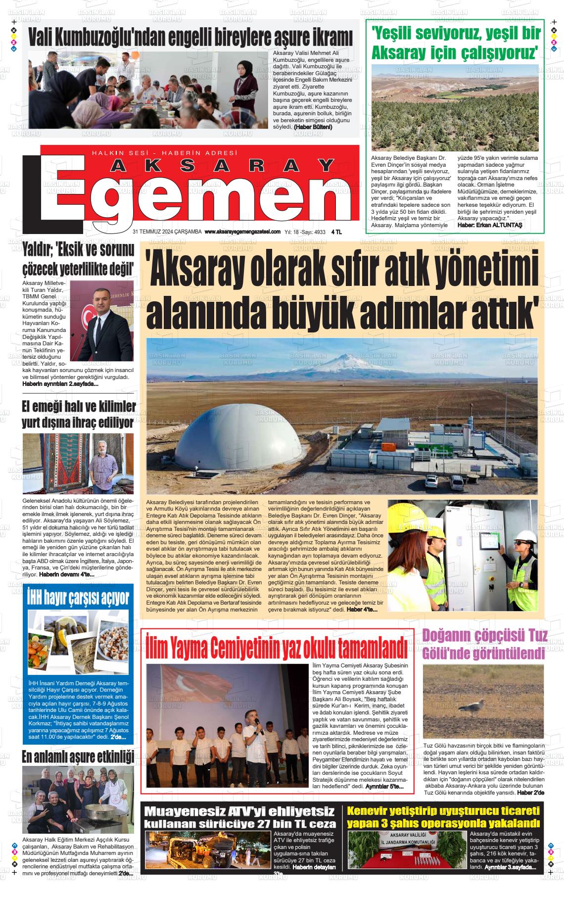 31 Temmuz 2024 Aksaray Egemen Gazete Manşeti