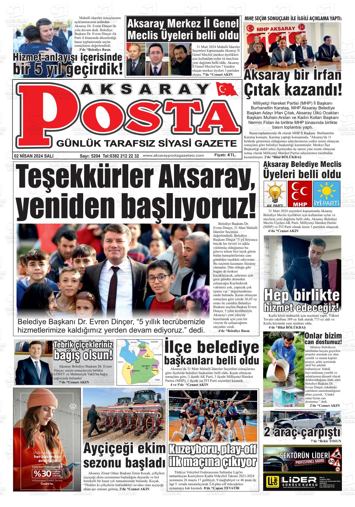 02 Nisan 2024 Aksaray Posta Gazete Manşeti