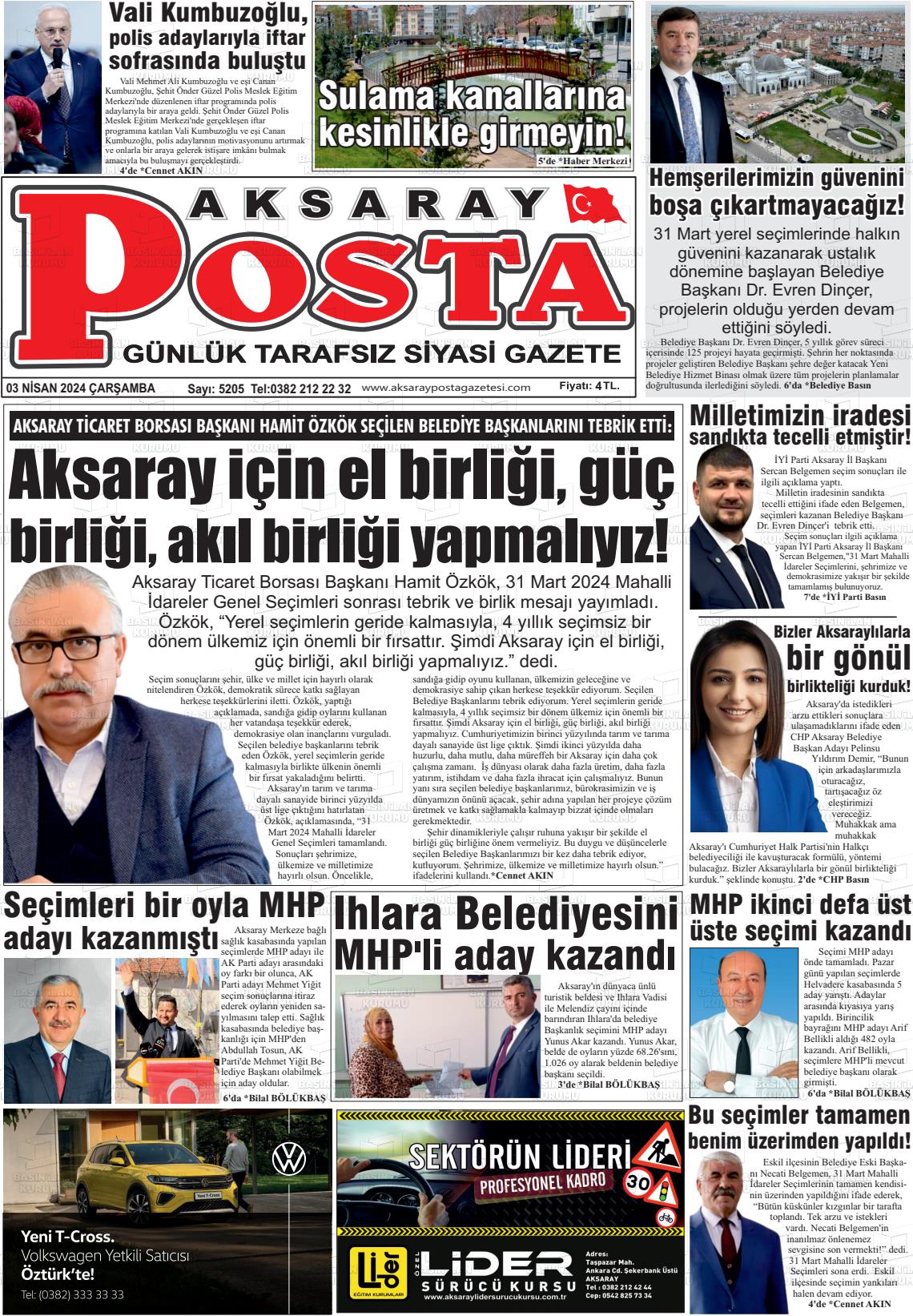 03 Nisan 2024 Aksaray Posta Gazete Manşeti