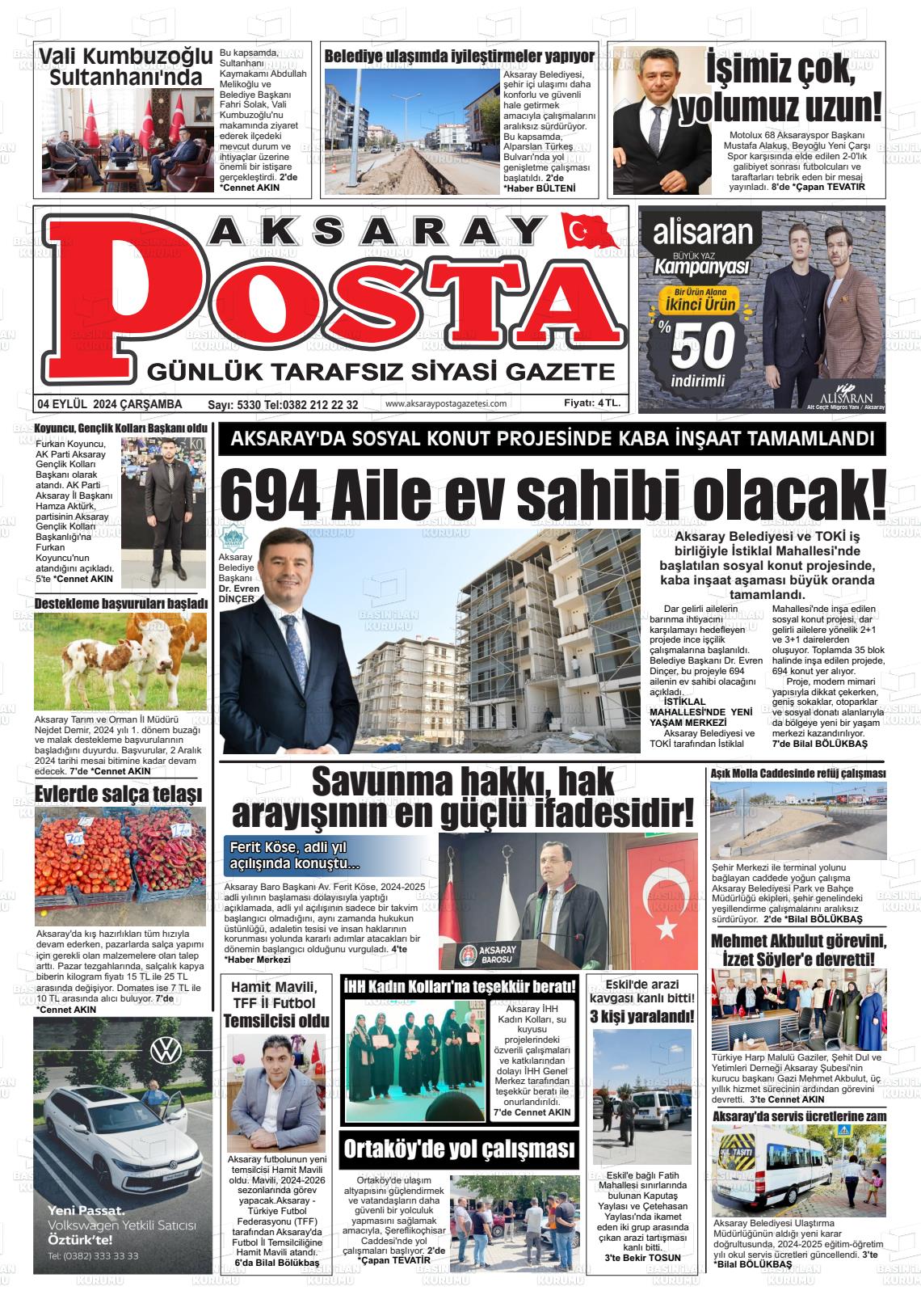 04 Eylül 2024 Aksaray Posta Gazete Manşeti