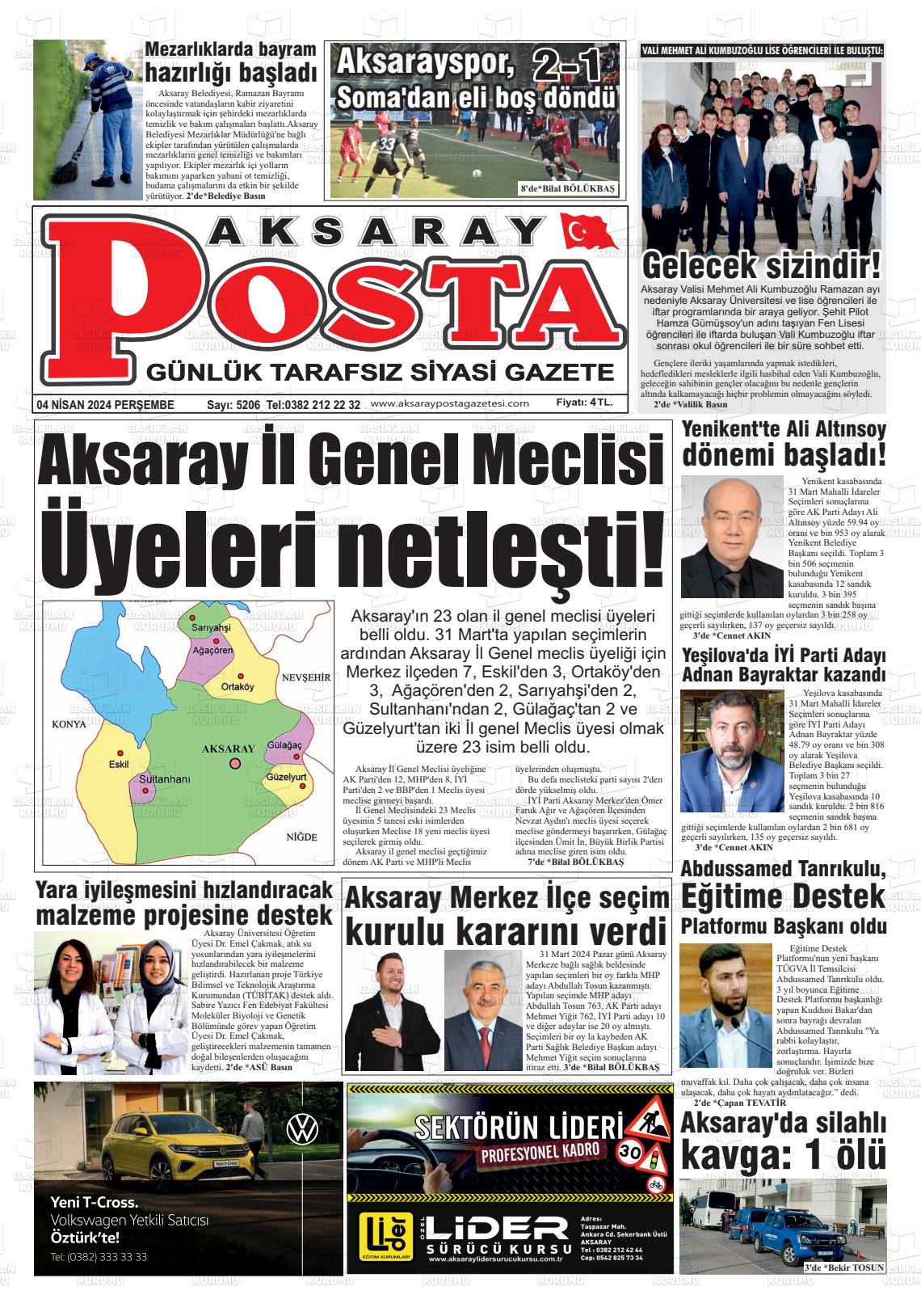 04 Nisan 2024 Aksaray Posta Gazete Manşeti