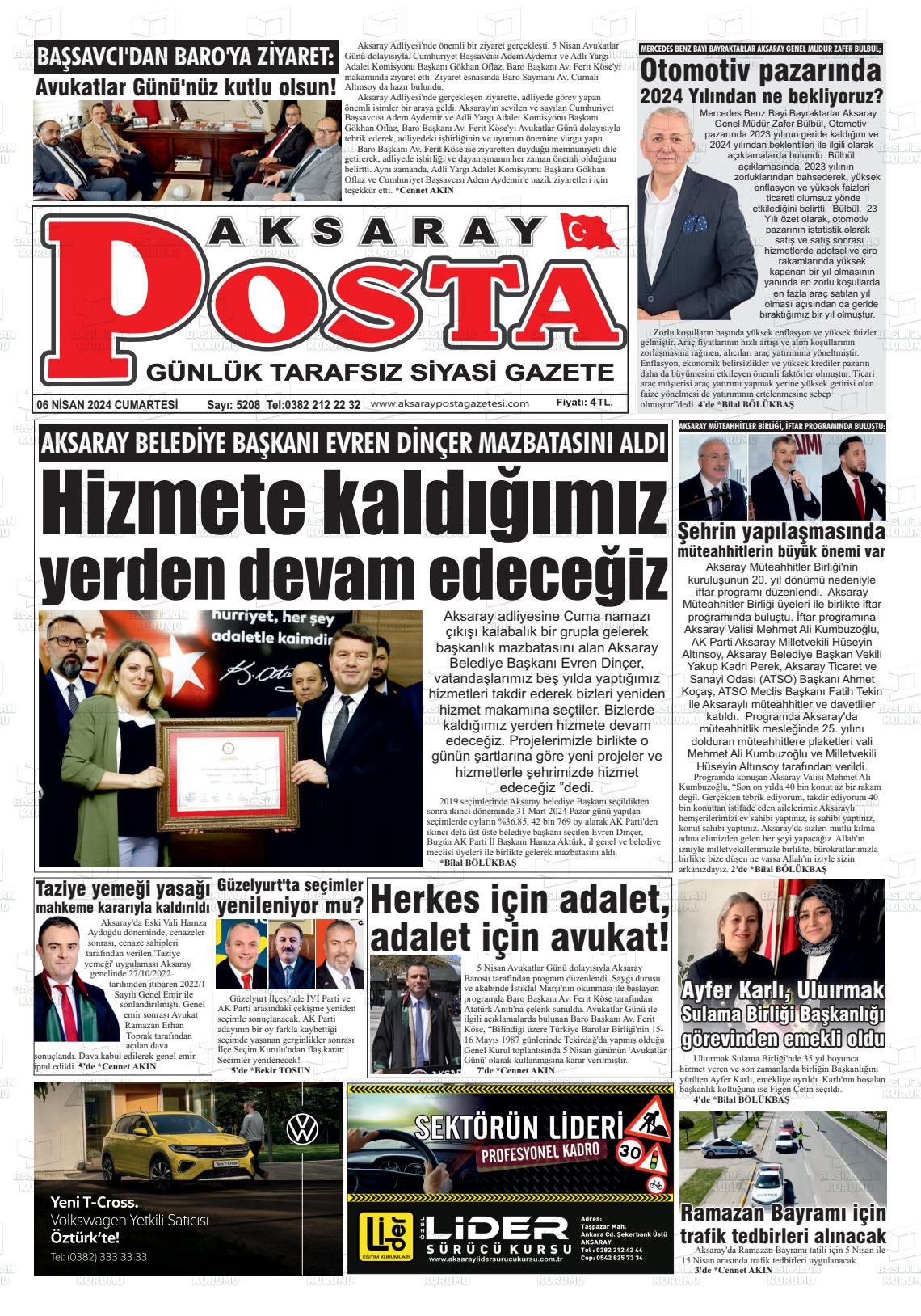 06 Nisan 2024 Aksaray Posta Gazete Manşeti