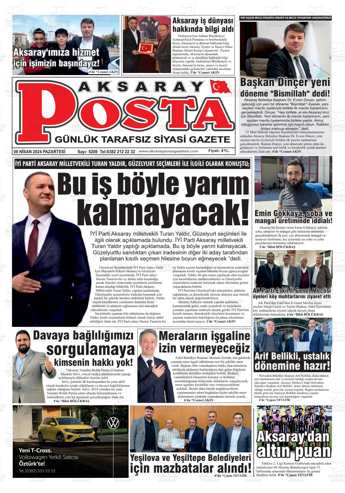 08 Nisan 2024 Aksaray Posta Gazete Manşeti