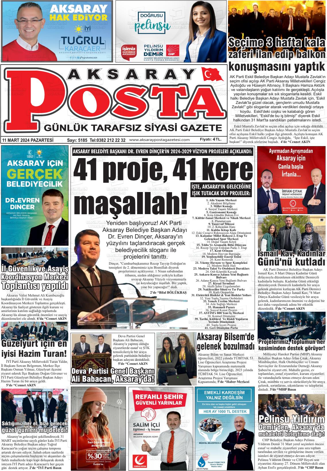 11 Mart 2024 Aksaray Posta Gazete Manşeti