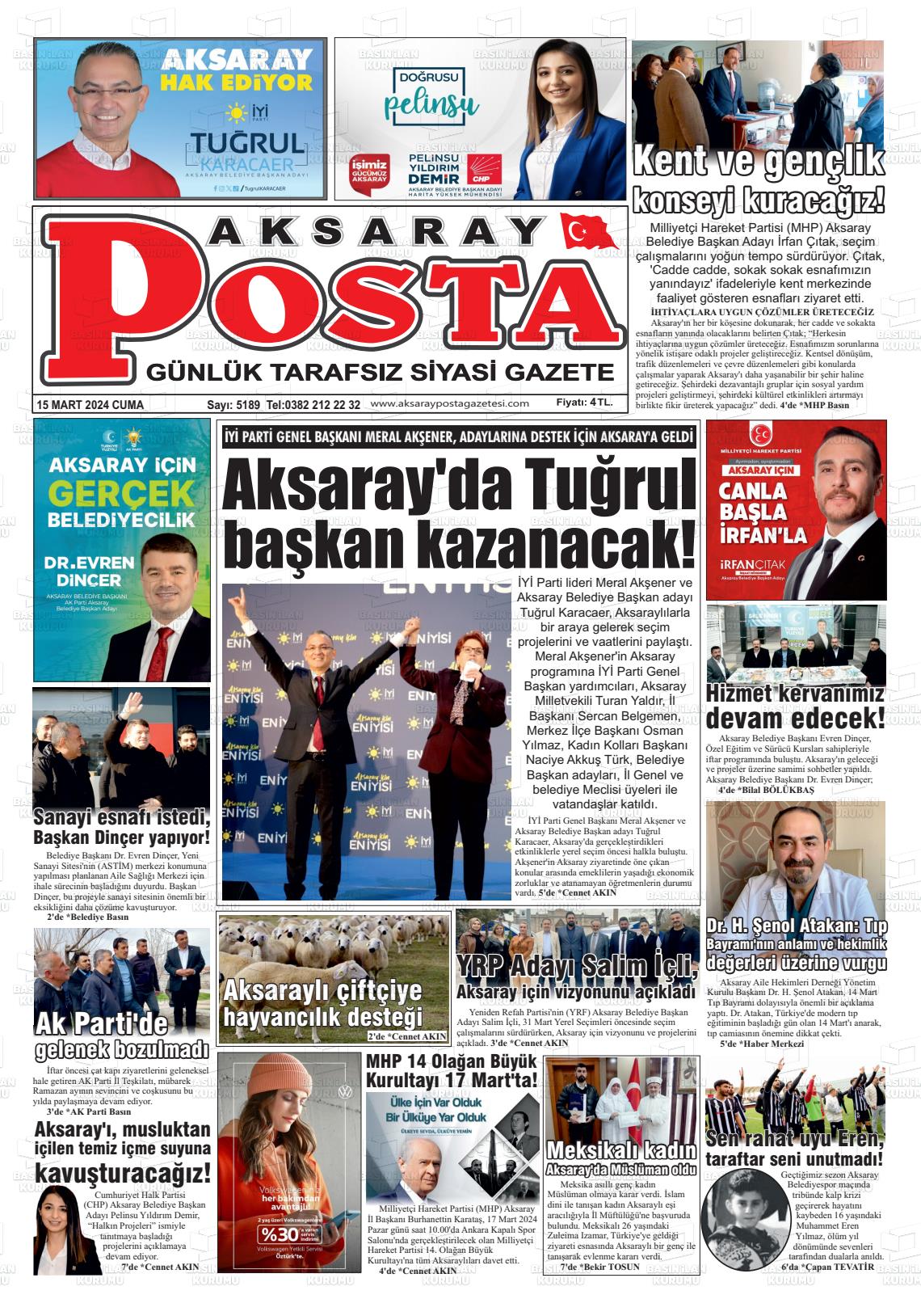 15 Mart 2024 Aksaray Posta Gazete Manşeti