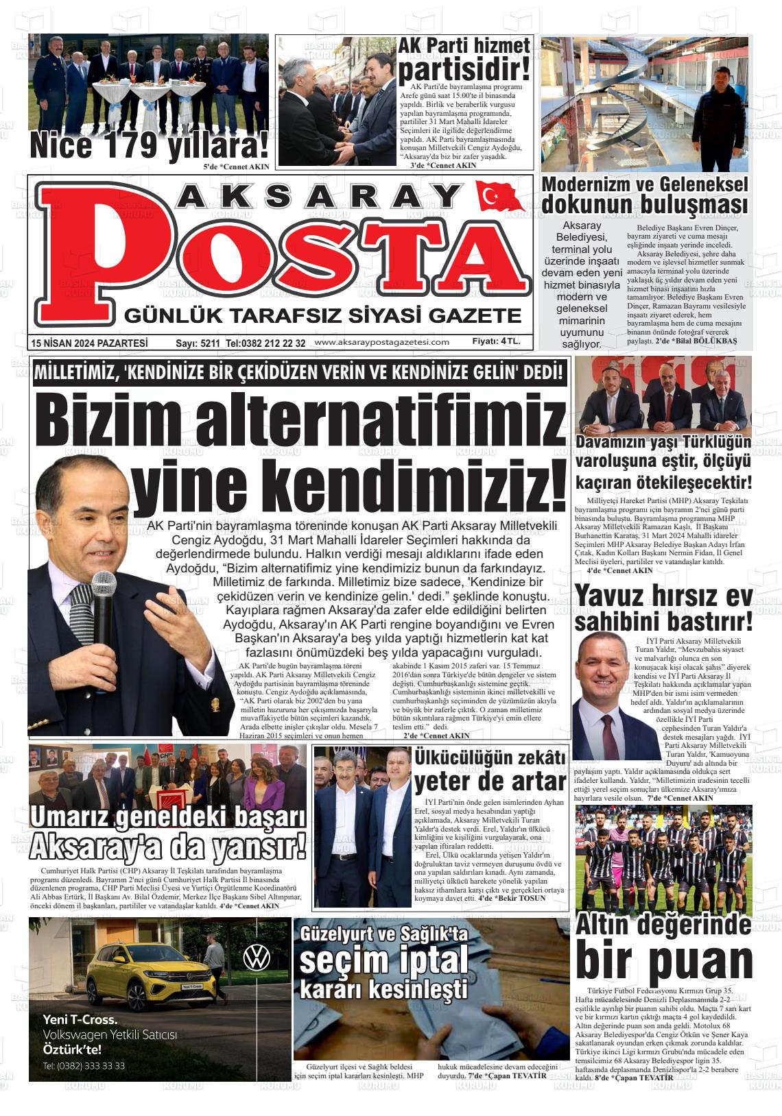 15 Nisan 2024 Aksaray Posta Gazete Manşeti