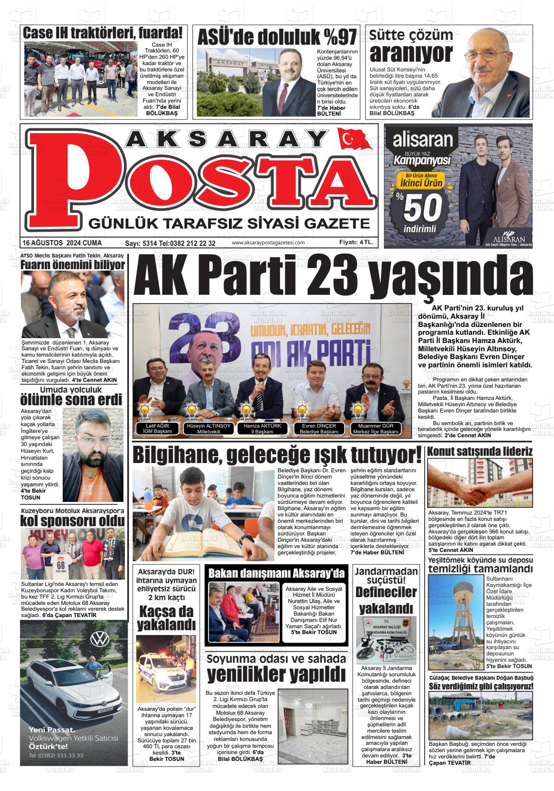 16 Ağustos 2024 Aksaray Posta Gazete Manşeti