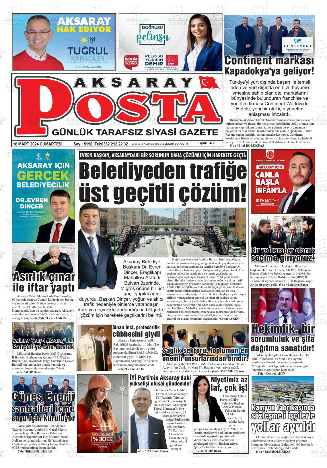 16 Mart 2024 Aksaray Posta Gazete Manşeti