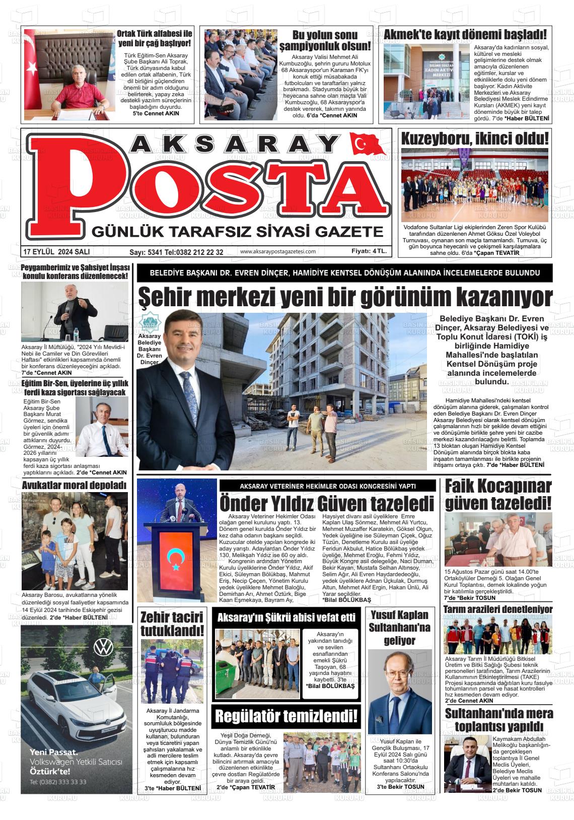 17 Eylül 2024 Aksaray Posta Gazete Manşeti