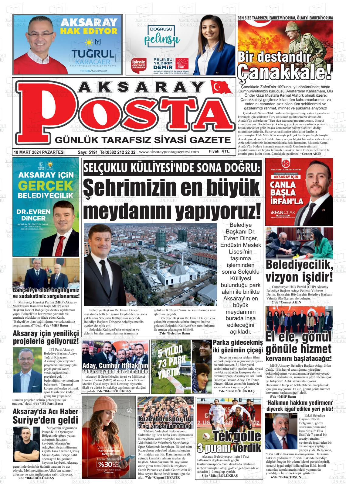 18 Mart 2024 Aksaray Posta Gazete Manşeti