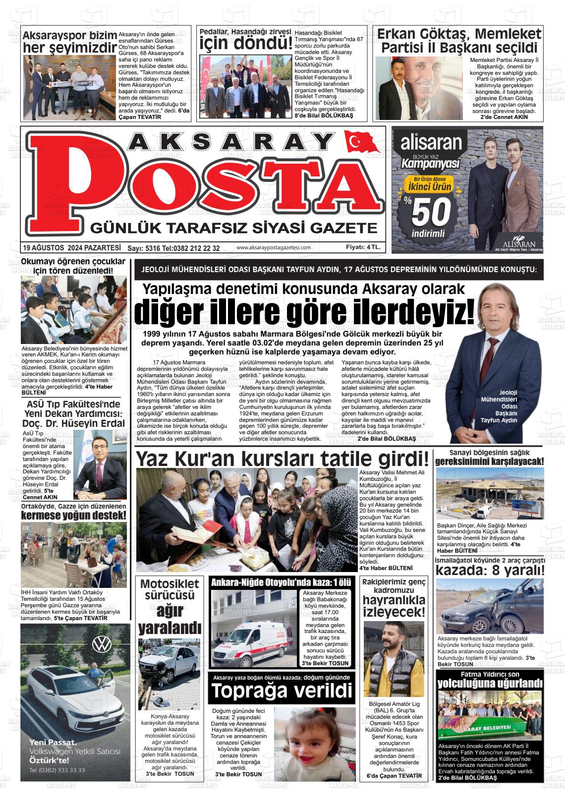 19 Ağustos 2024 Aksaray Posta Gazete Manşeti