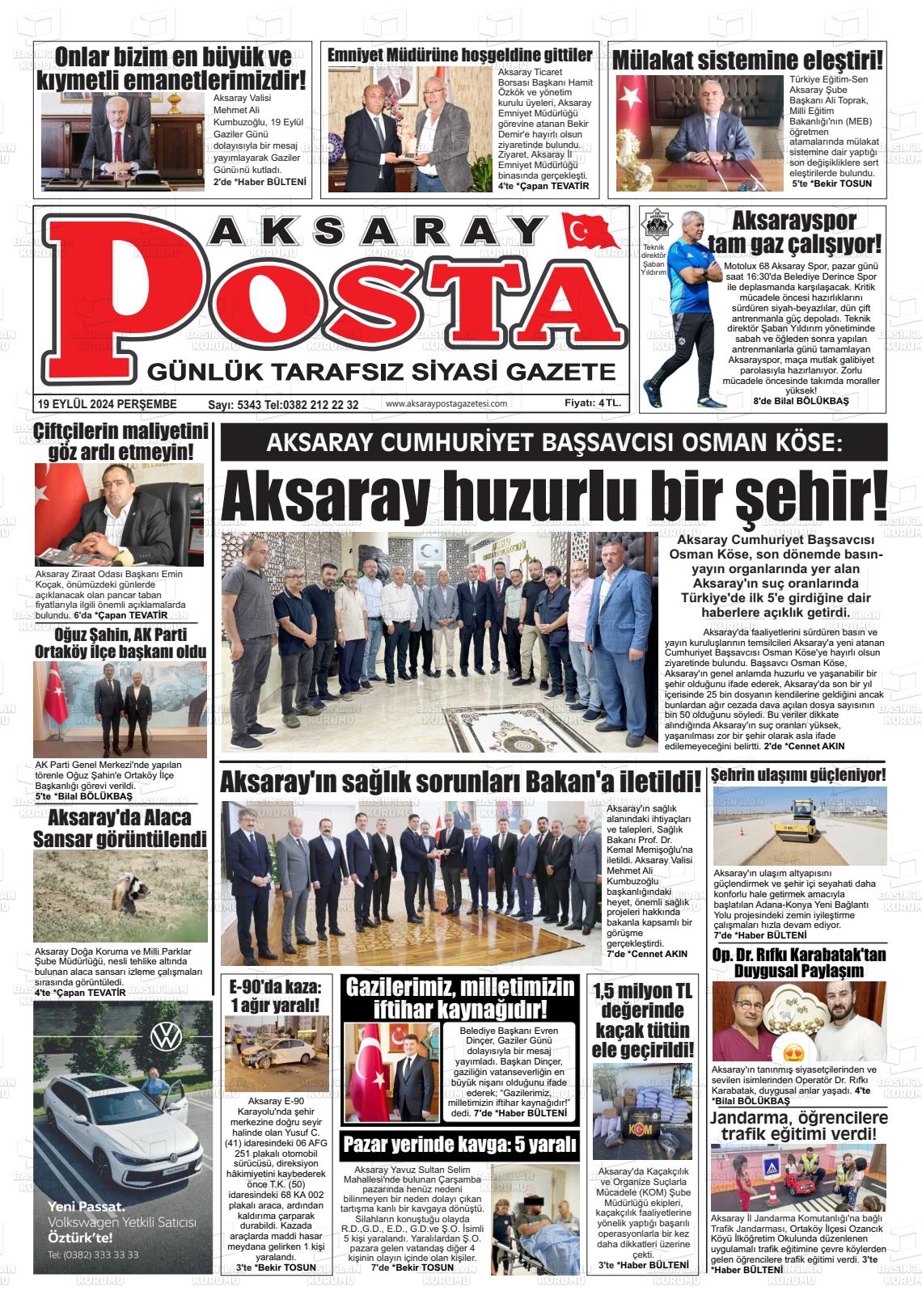 19 Eylül 2024 Aksaray Posta Gazete Manşeti