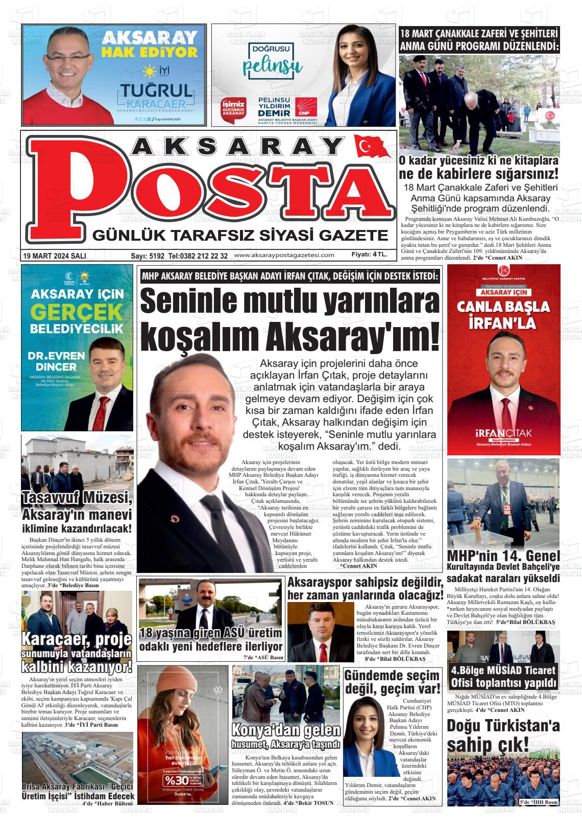 19 Mart 2024 Aksaray Posta Gazete Manşeti