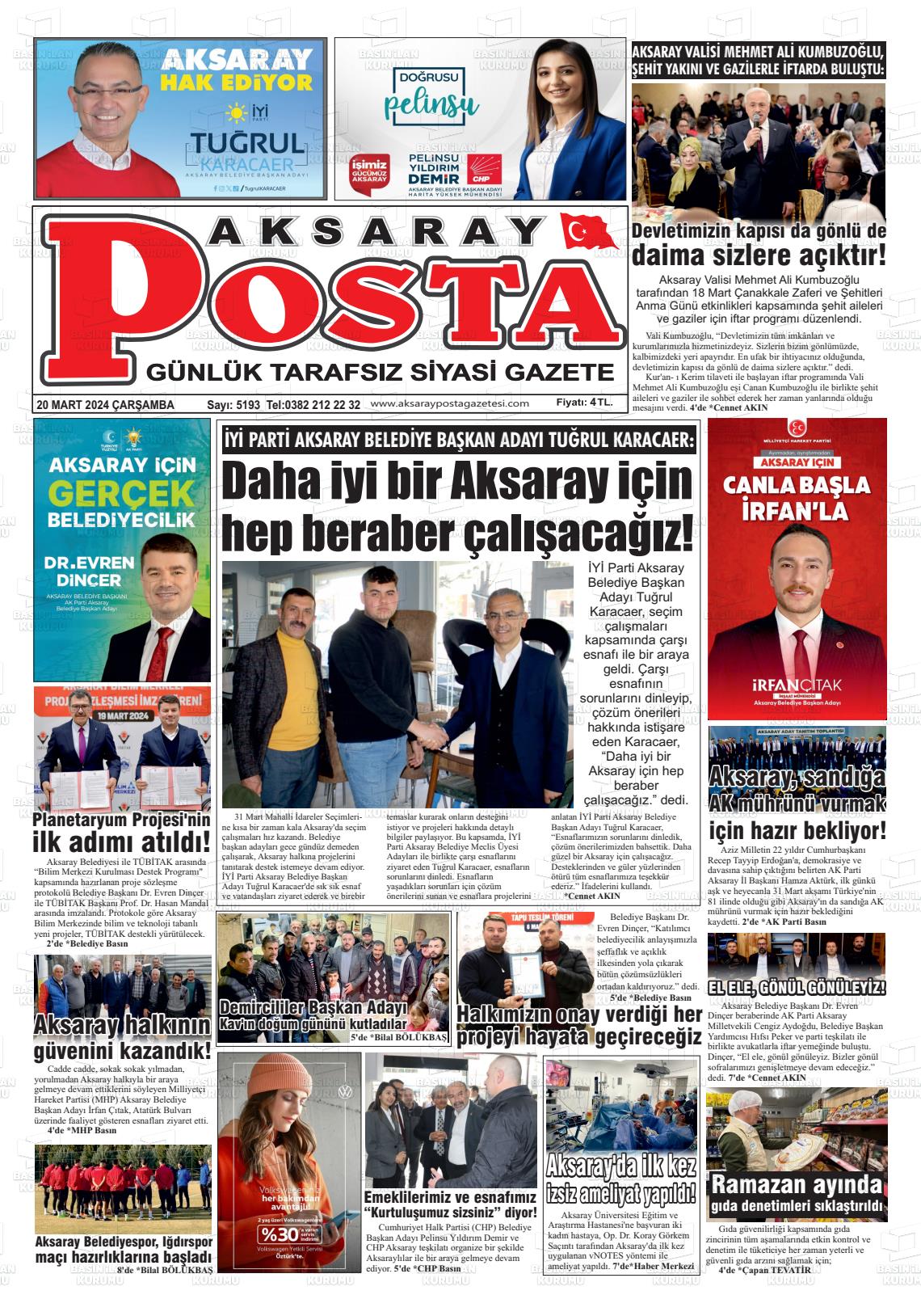 20 Mart 2024 Aksaray Posta Gazete Manşeti