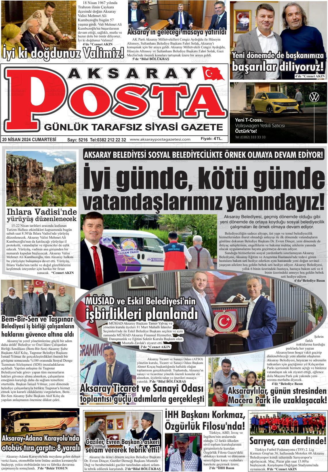 20 Nisan 2024 Aksaray Posta Gazete Manşeti