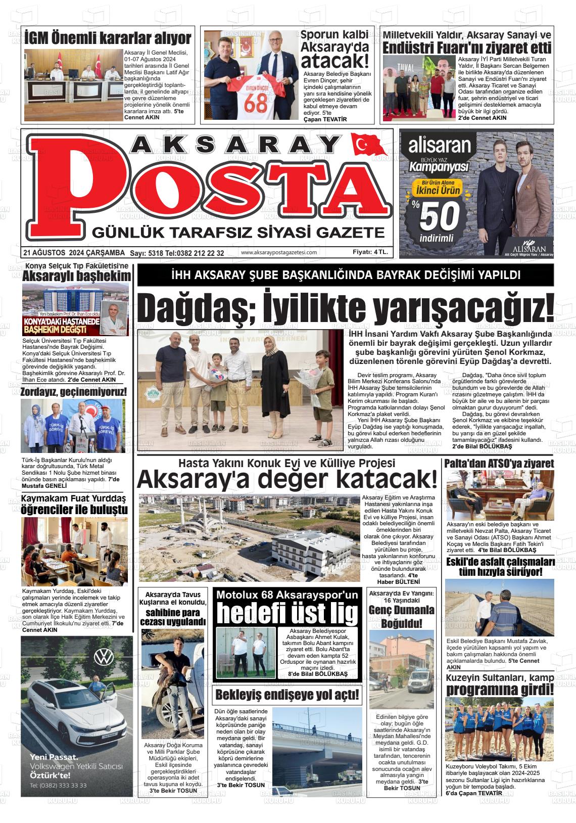 21 Ağustos 2024 Aksaray Posta Gazete Manşeti