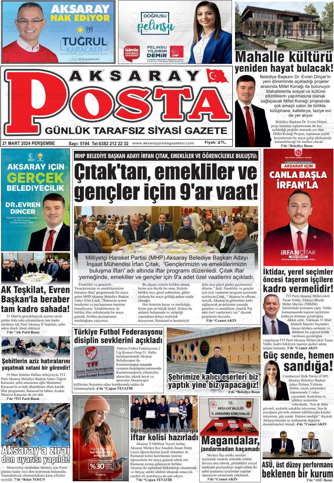 21 Mart 2024 Aksaray Posta Gazete Manşeti