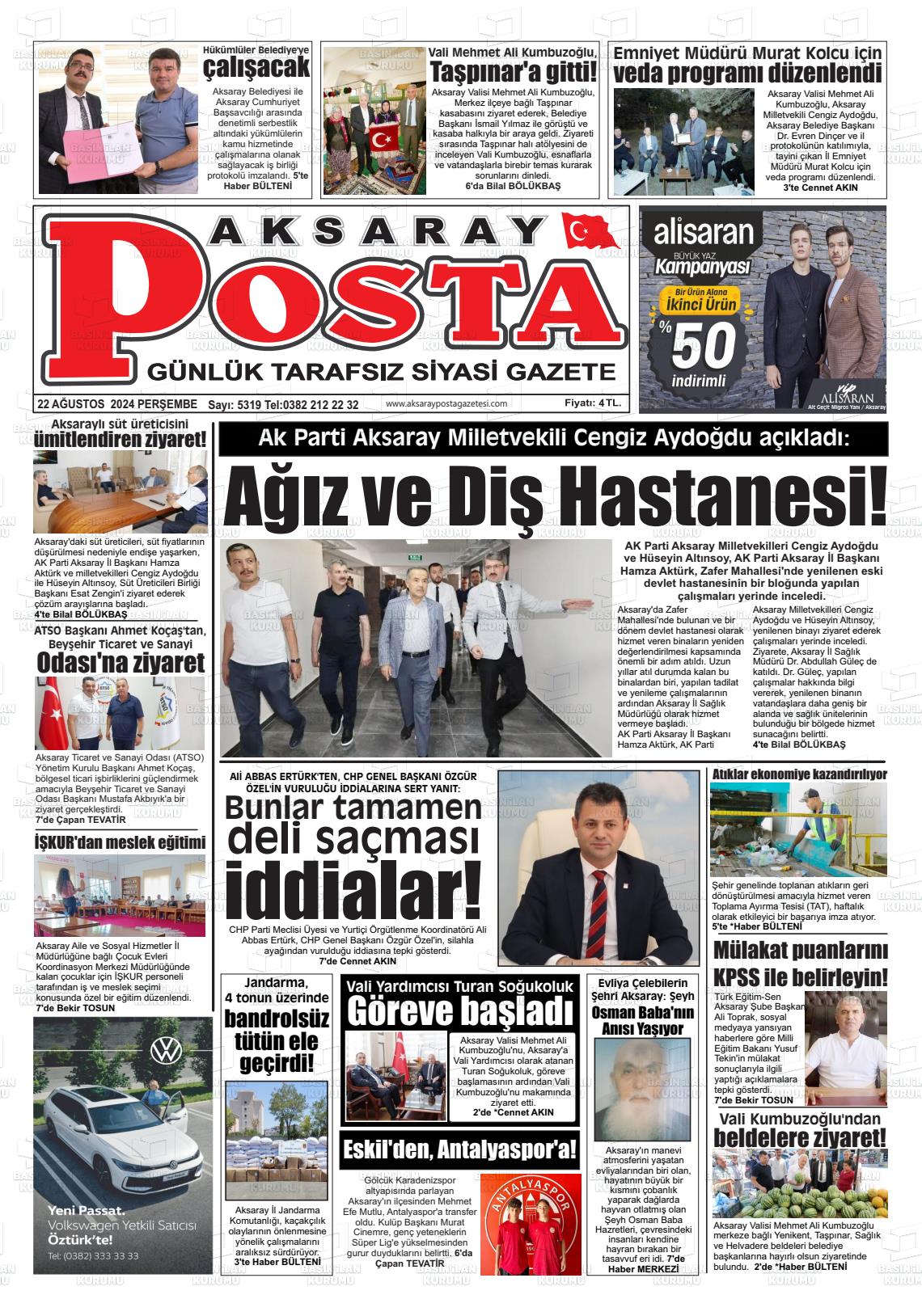 22 Ağustos 2024 Aksaray Posta Gazete Manşeti