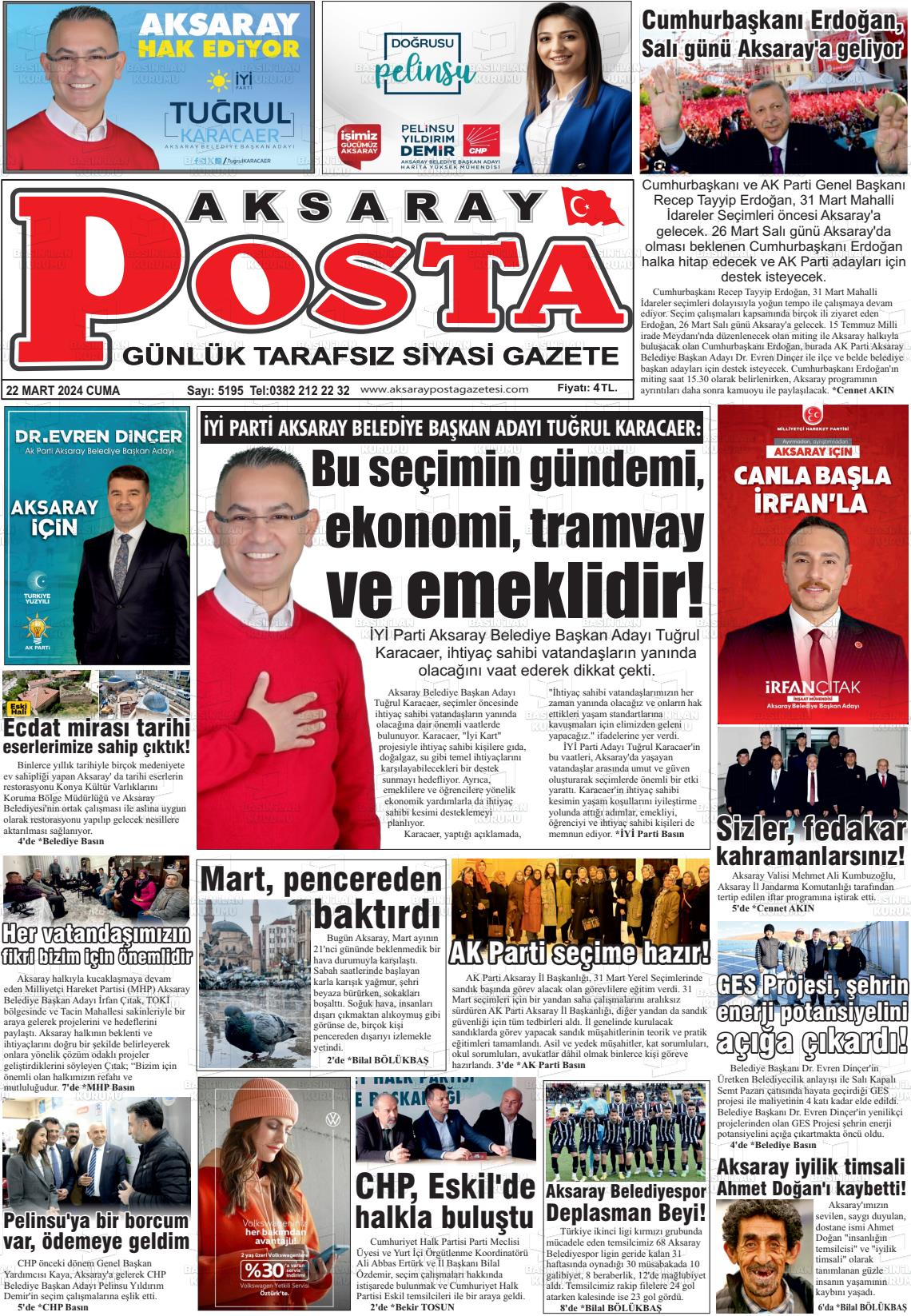 22 Mart 2024 Aksaray Posta Gazete Manşeti