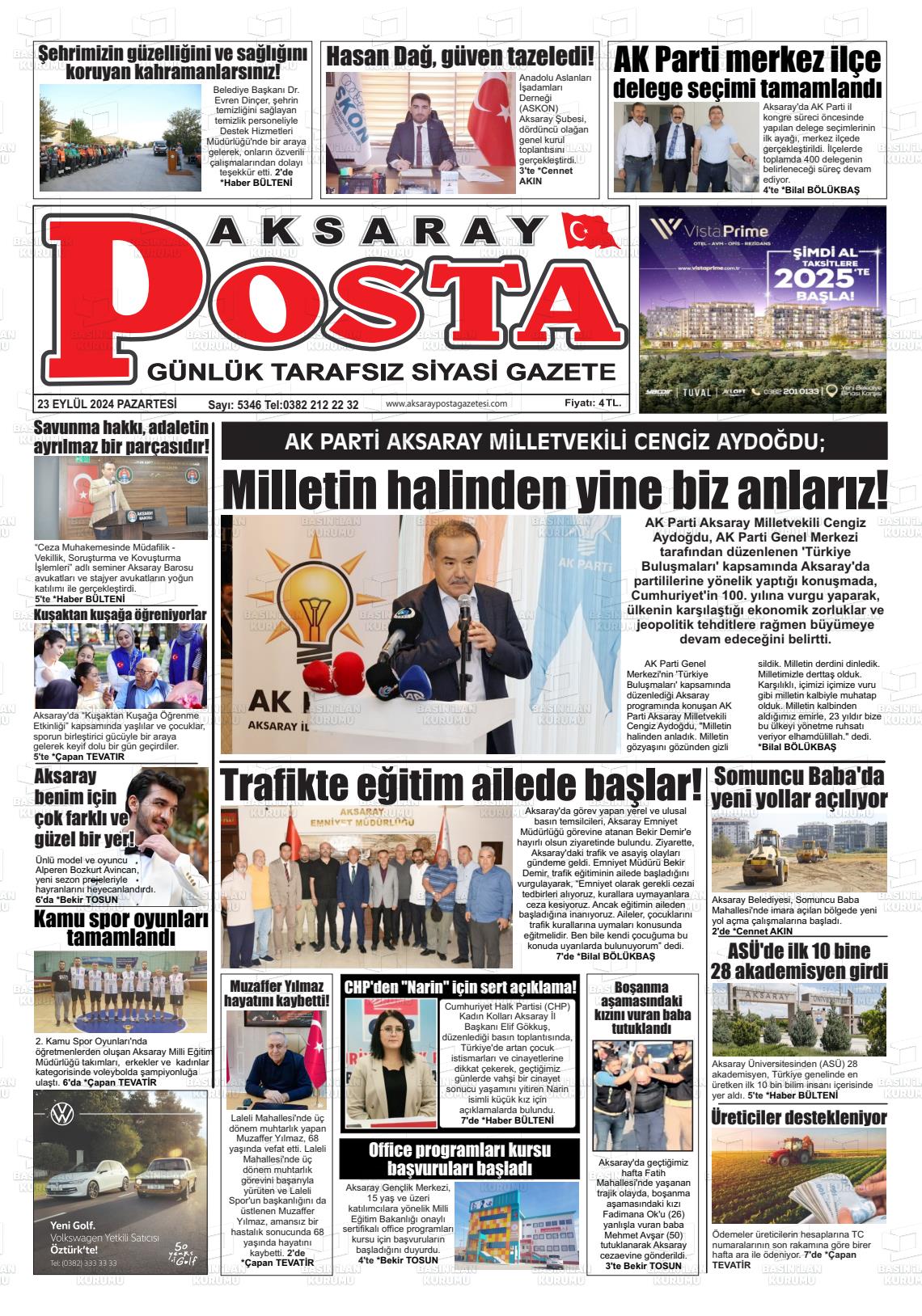 23 Eylül 2024 Aksaray Posta Gazete Manşeti