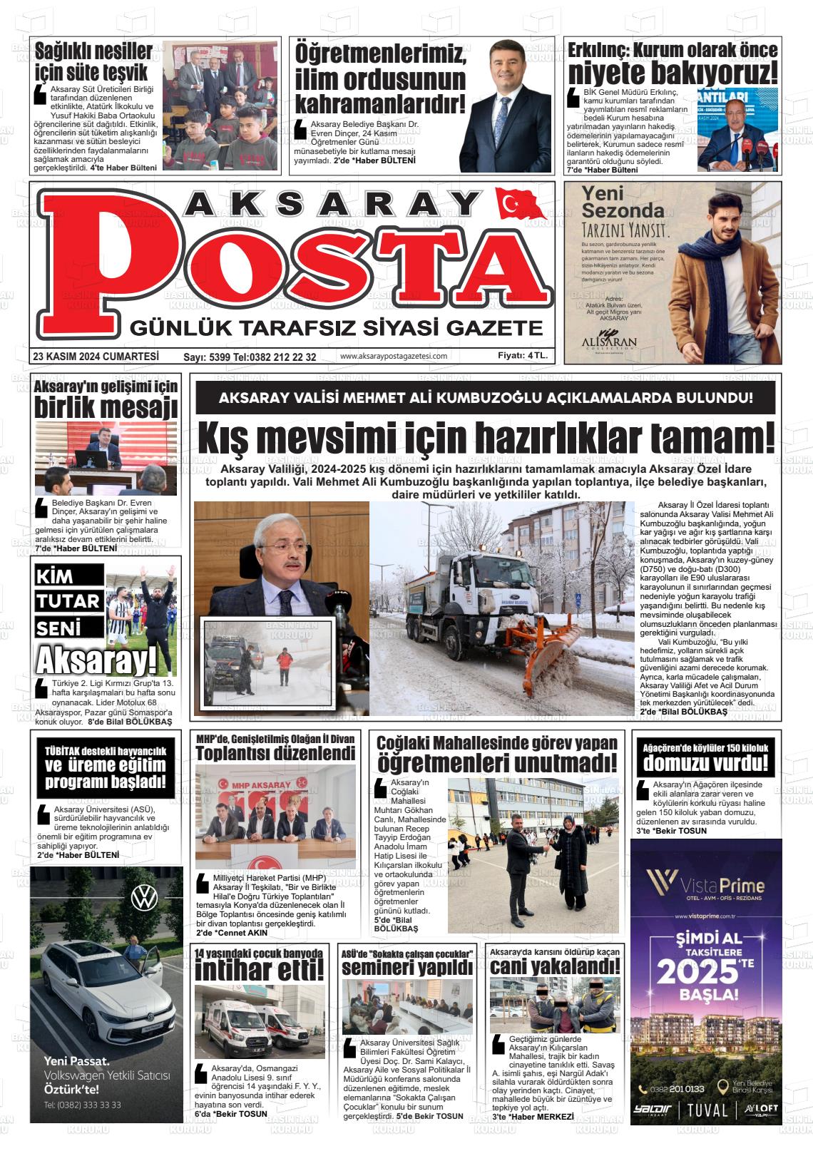 23 Kasım 2024 Aksaray Posta Gazete Manşeti