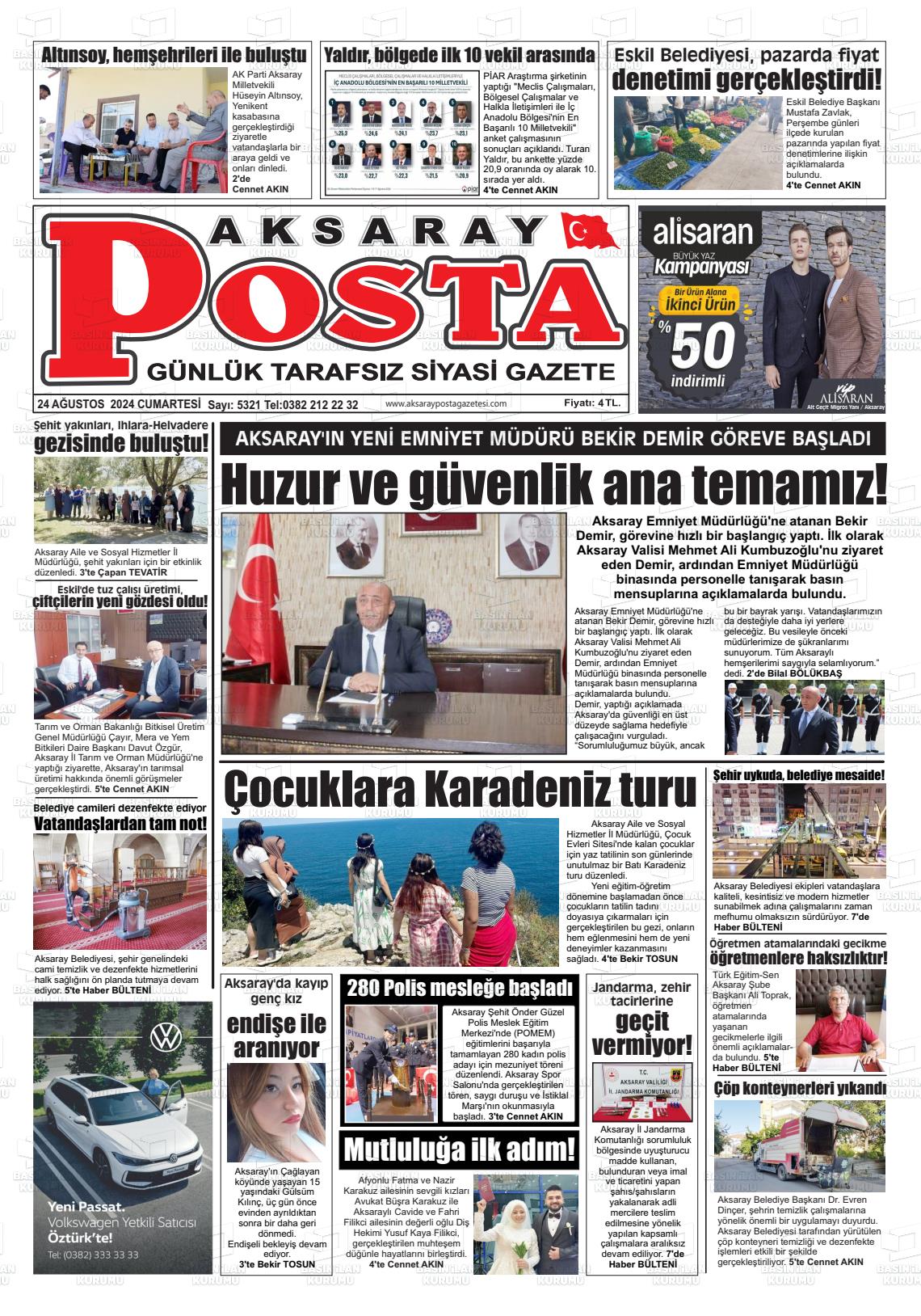 24 Ağustos 2024 Aksaray Posta Gazete Manşeti