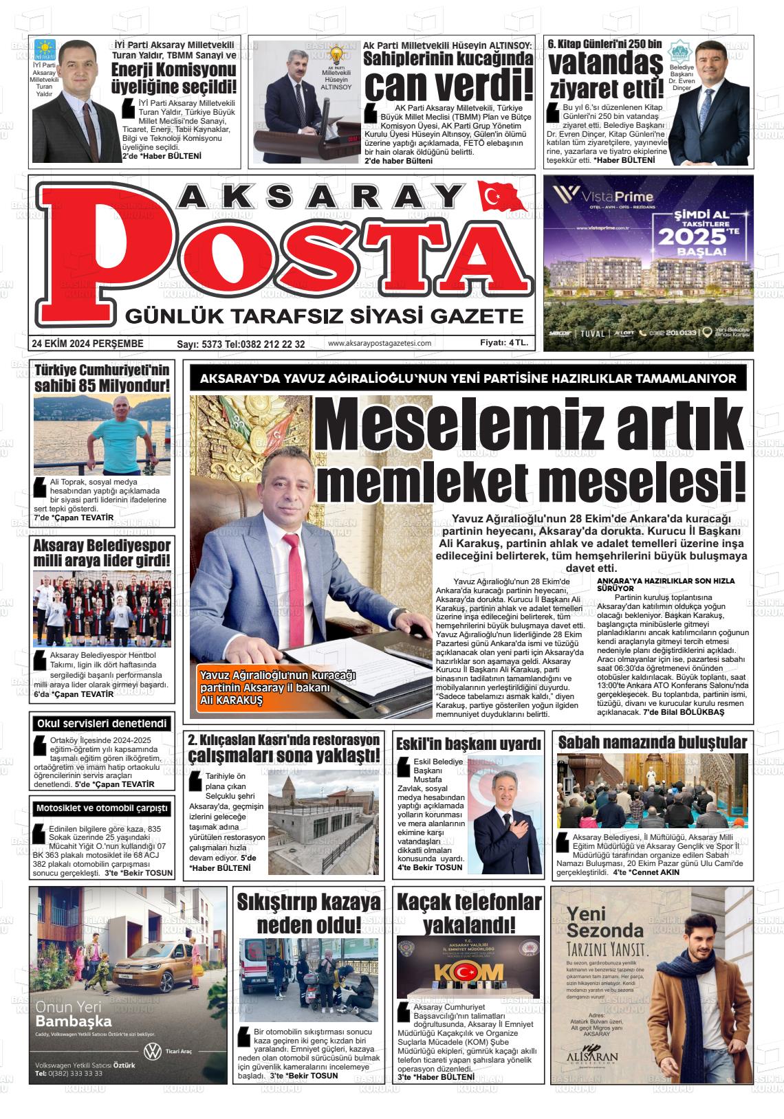 24 Ekim 2024 Aksaray Posta Gazete Manşeti