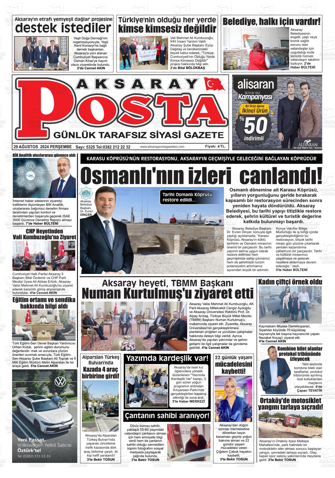 29 Ağustos 2024 Aksaray Posta Gazete Manşeti