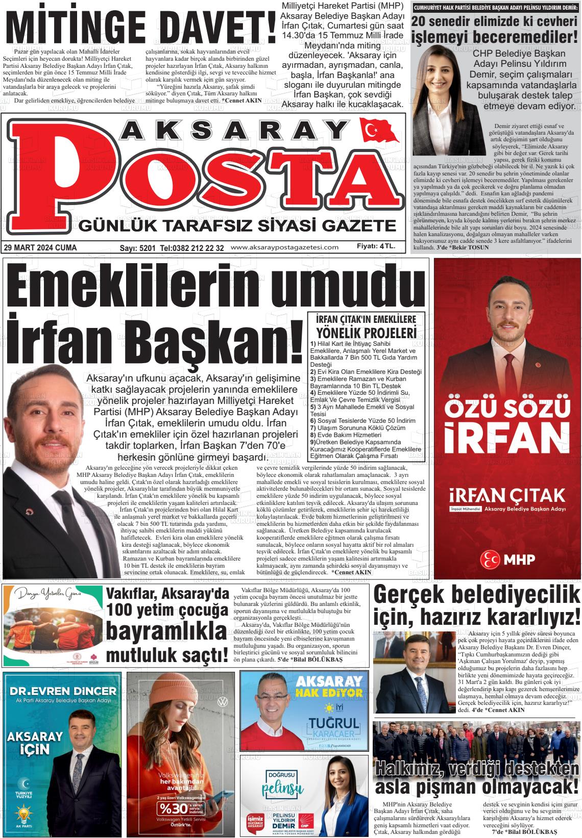 29 Mart 2024 Aksaray Posta Gazete Manşeti