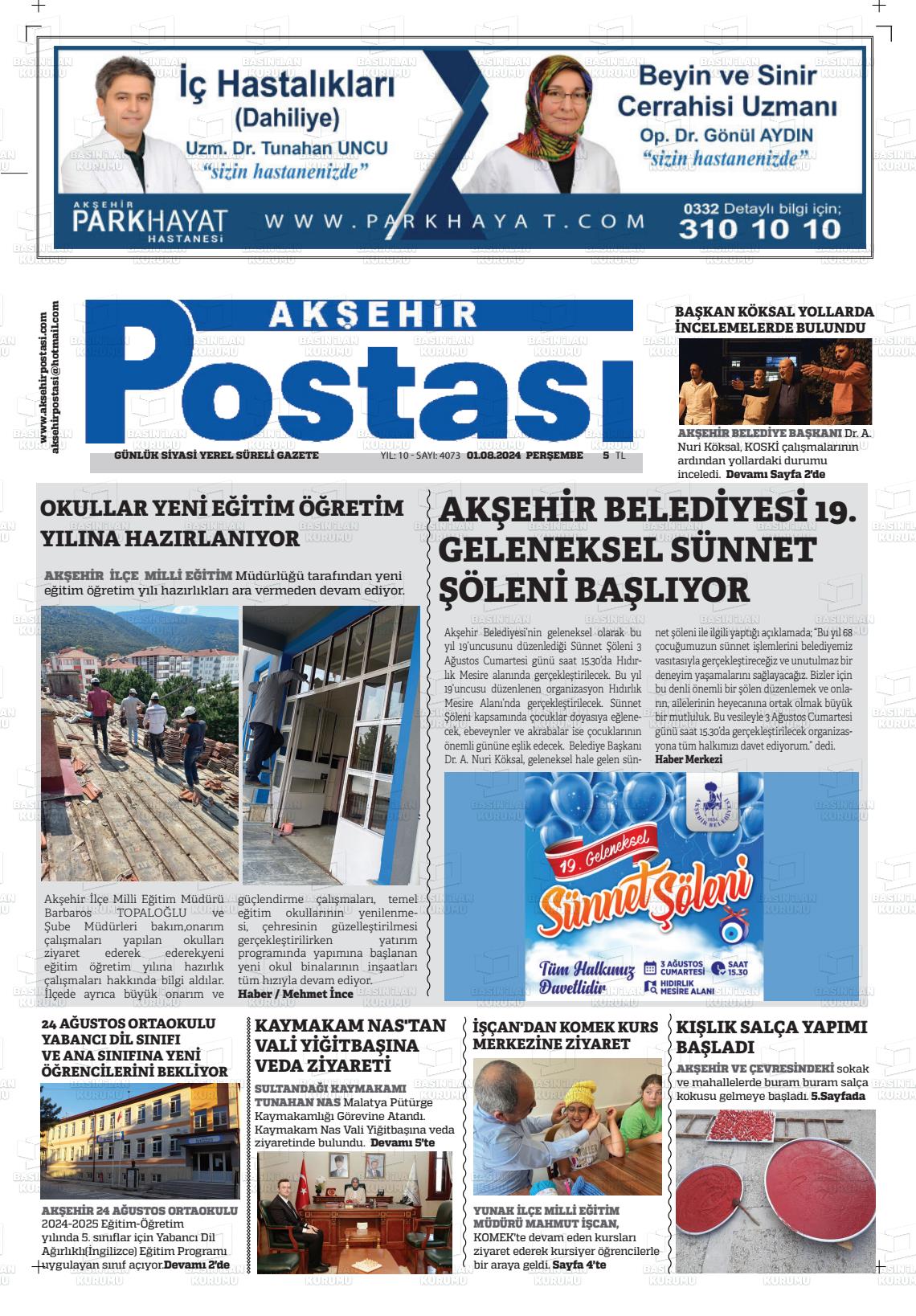 01 Ağustos 2024 Akşehir Postasi Gazete Manşeti