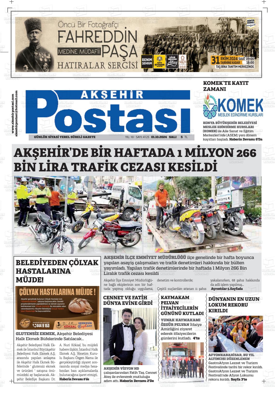 01 Ekim 2024 Akşehir Postasi Gazete Manşeti