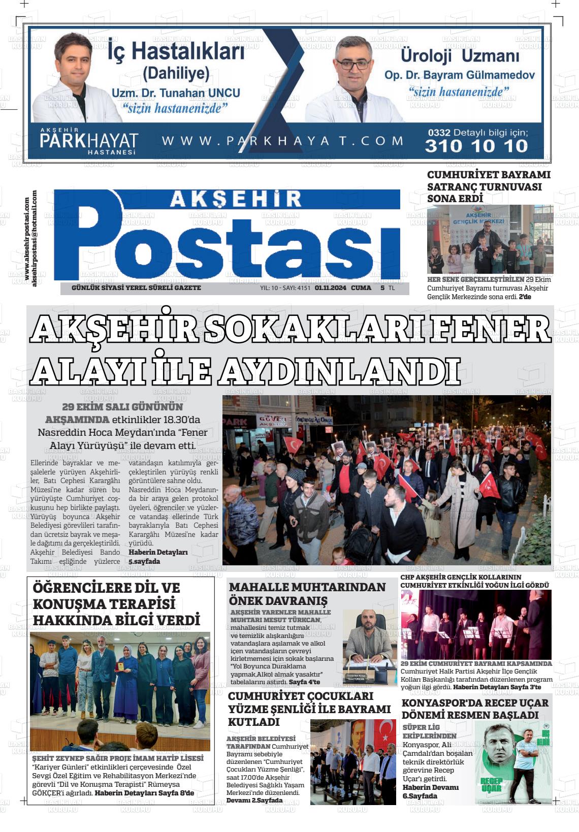 01 Kasım 2024 Akşehir Postasi Gazete Manşeti