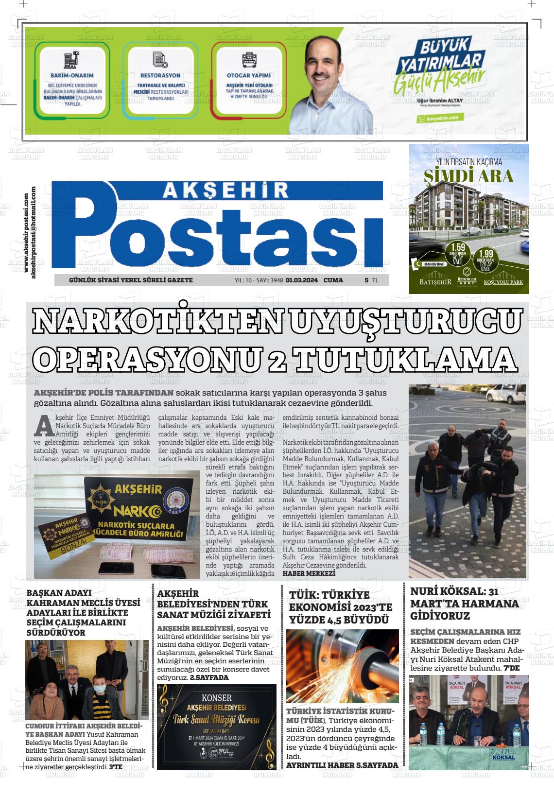 01 Mart 2024 Akşehir Postasi Gazete Manşeti