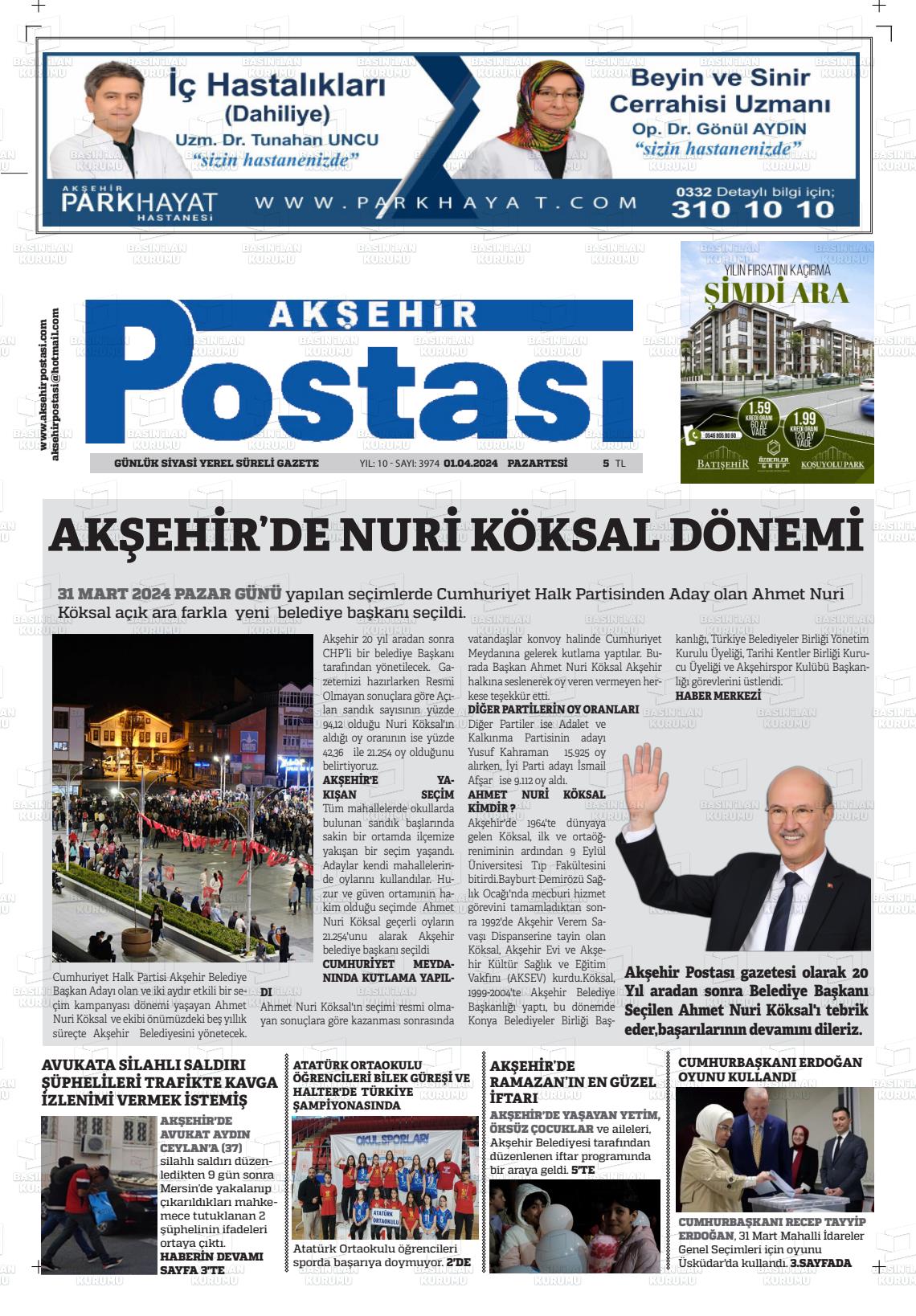 01 Nisan 2024 Akşehir Postasi Gazete Manşeti