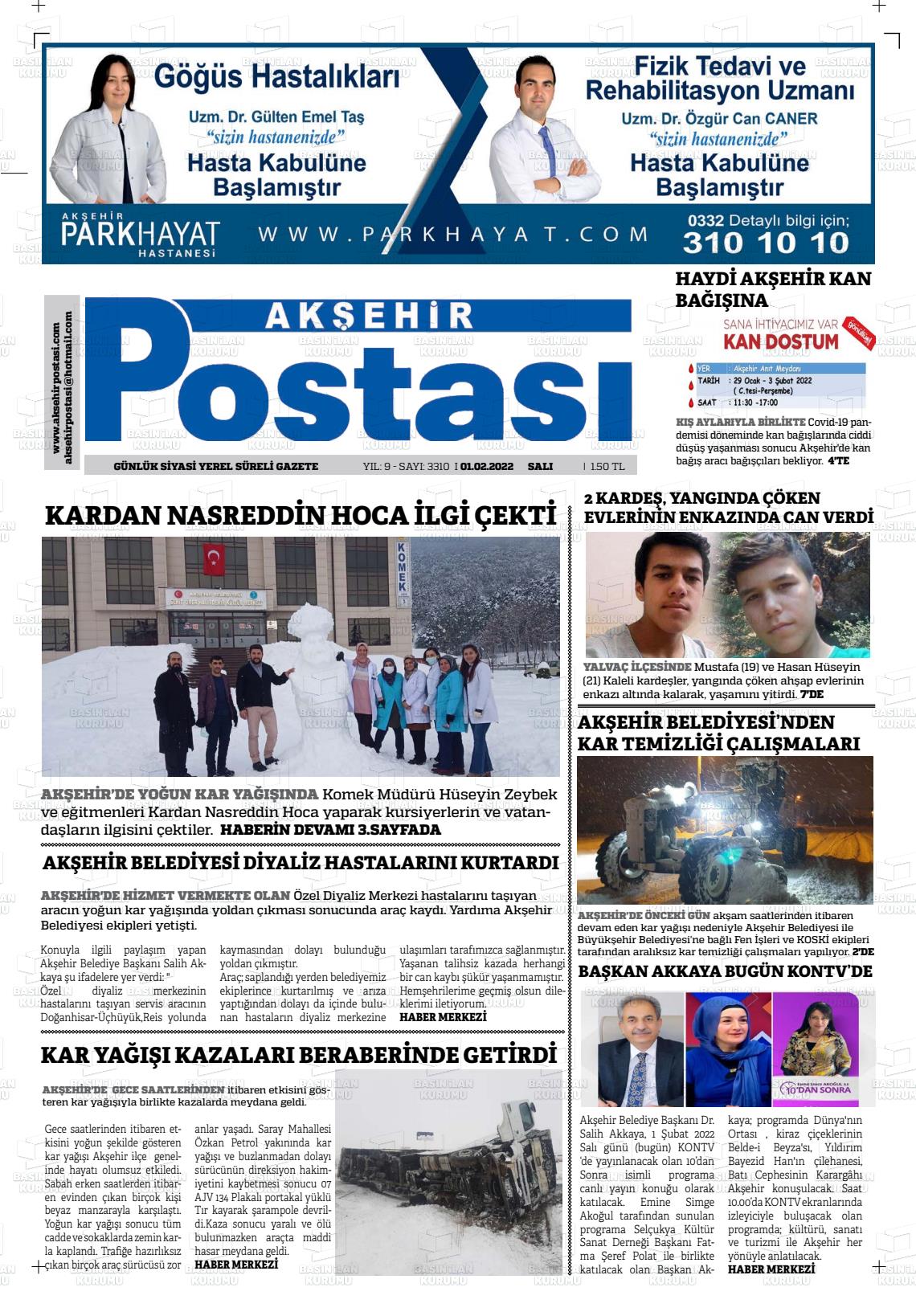 01 Şubat 2022 Akşehir Postasi Gazete Manşeti