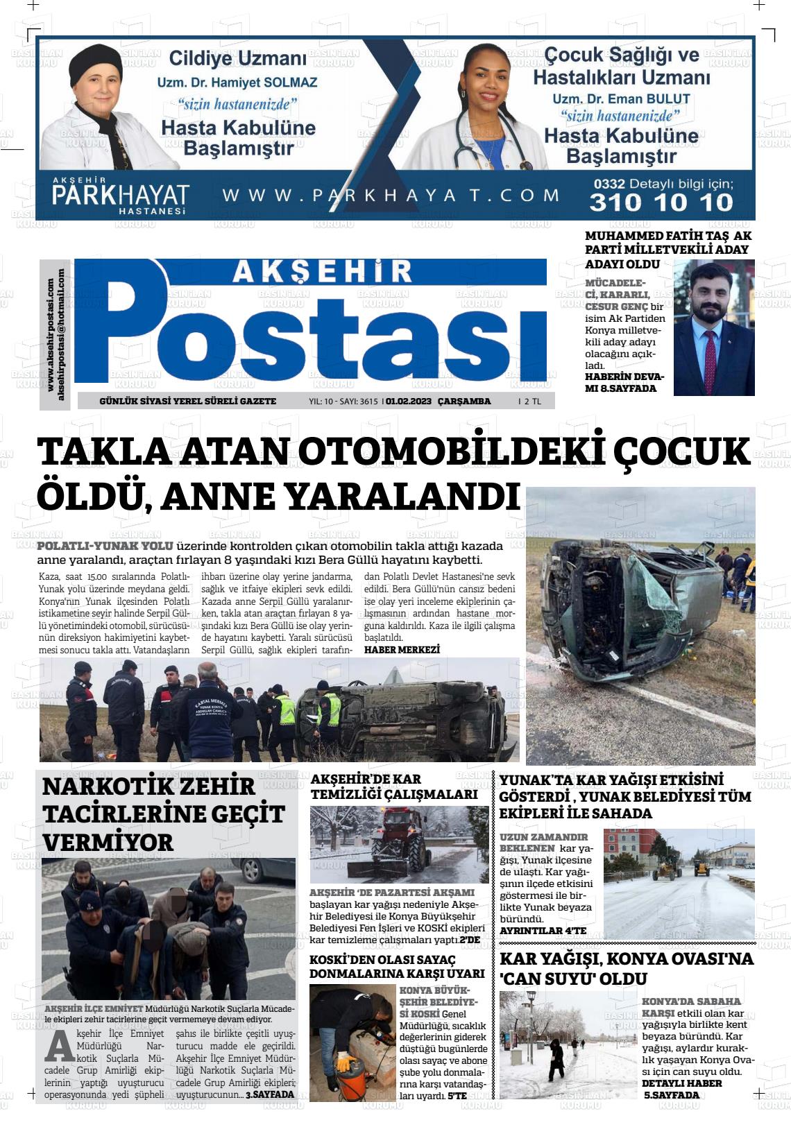 01 Şubat 2023 Akşehir Postasi Gazete Manşeti