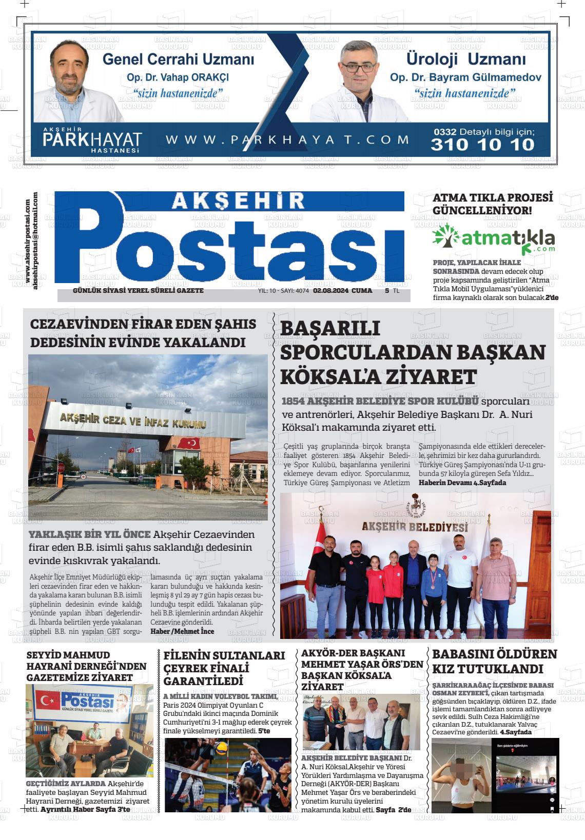 02 Ağustos 2024 Akşehir Postasi Gazete Manşeti