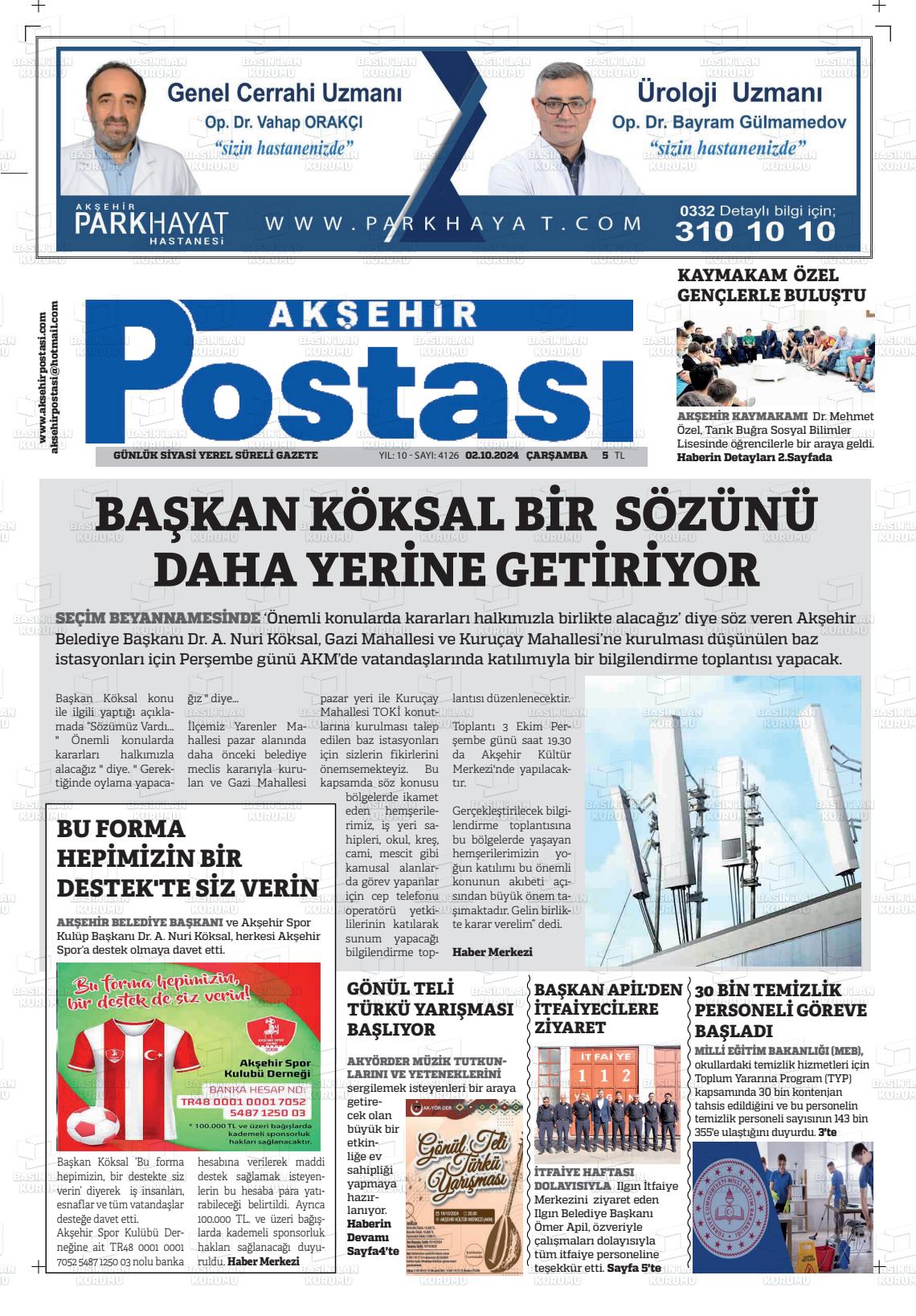 02 Ekim 2024 Akşehir Postasi Gazete Manşeti