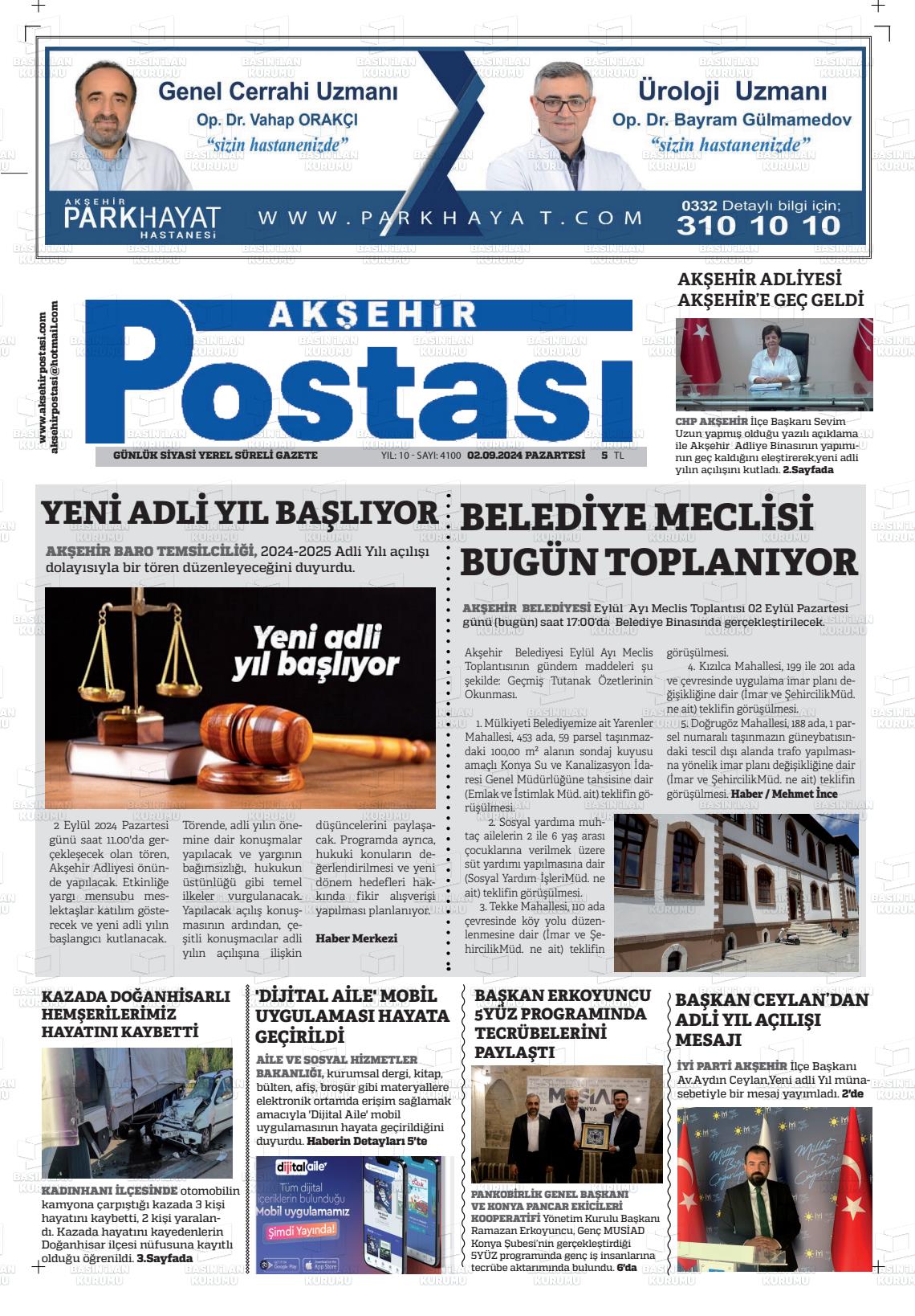 02 Eylül 2024 Akşehir Postasi Gazete Manşeti