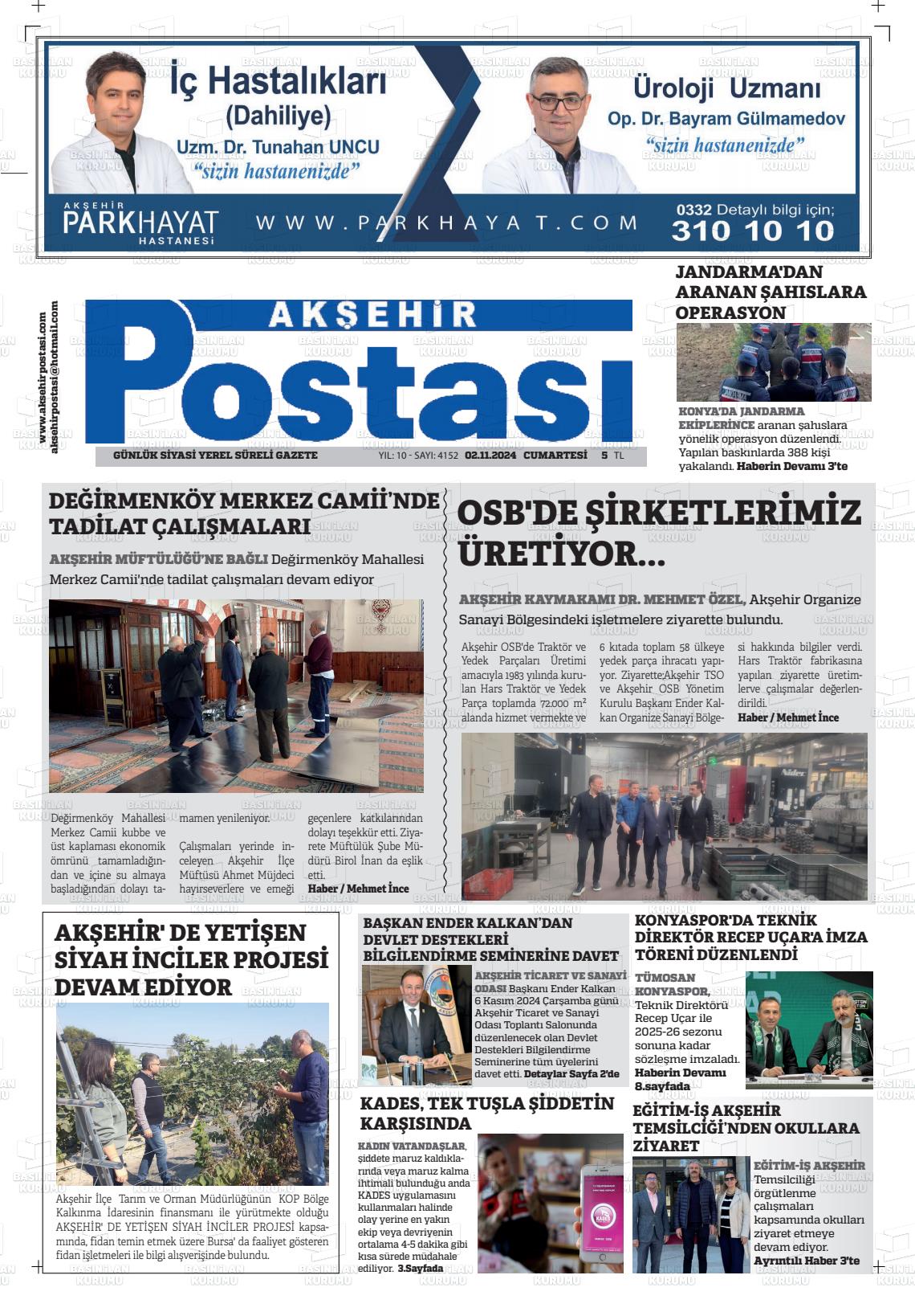 02 Kasım 2024 Akşehir Postasi Gazete Manşeti