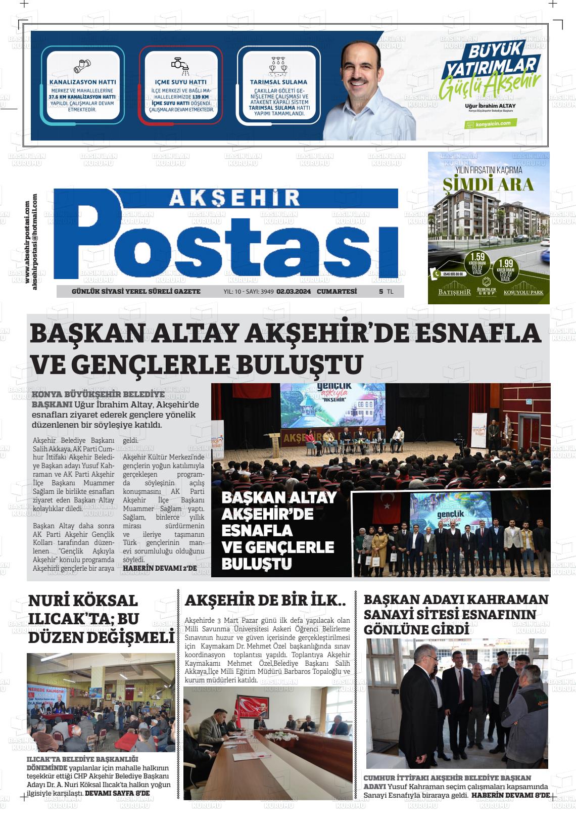 02 Mart 2024 Akşehir Postasi Gazete Manşeti